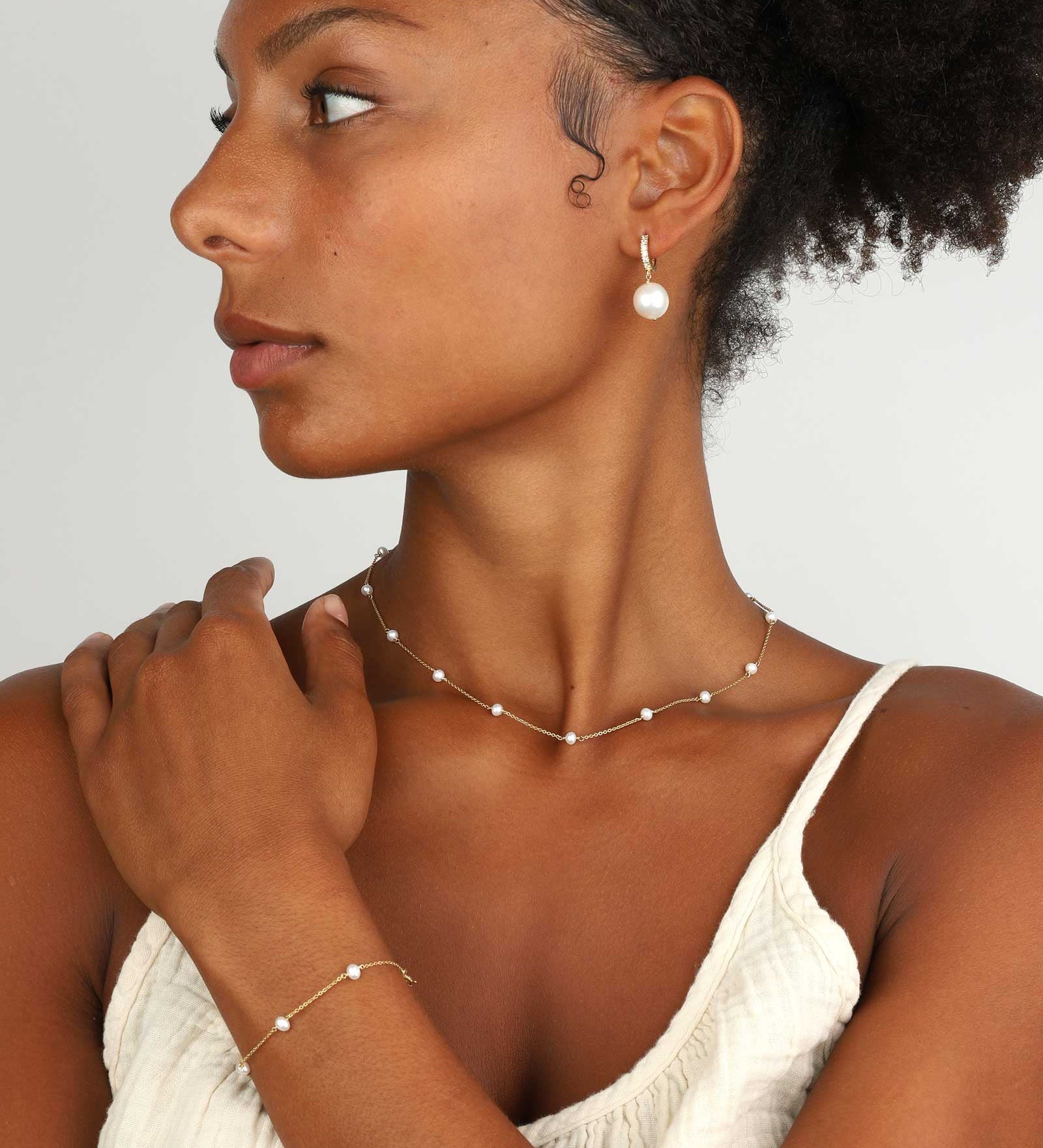 Poppy Rose-Pearl Drop Pave Huggie | 12mm-Earrings-14k Gold Filled, White Pearl-Blue Ruby Jewellery-Vancouver Canada