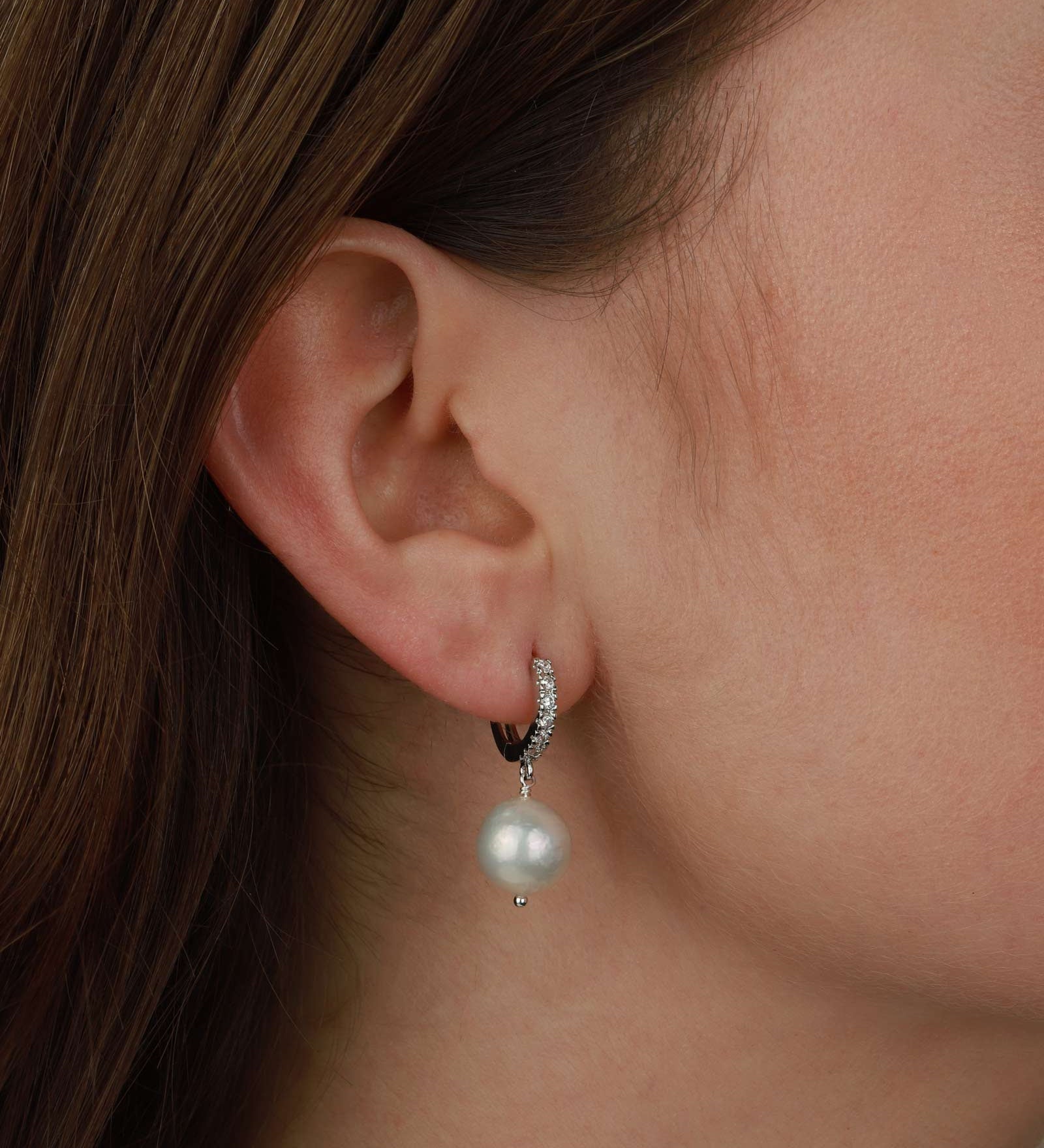 Poppy Rose-Pearl Drop Pave Huggie | 12mm-Earrings-Sterling Silver, White Pearl-Blue Ruby Jewellery-Vancouver Canada