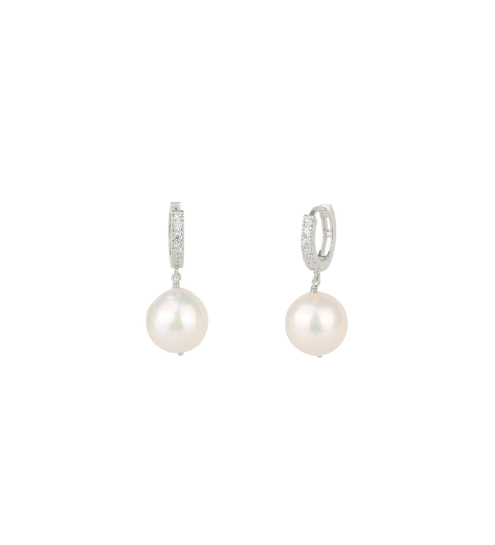 Poppy Rose-Pearl Drop Pave Huggie | 12mm-Earrings-Sterling Silver, White Pearl-Blue Ruby Jewellery-Vancouver Canada