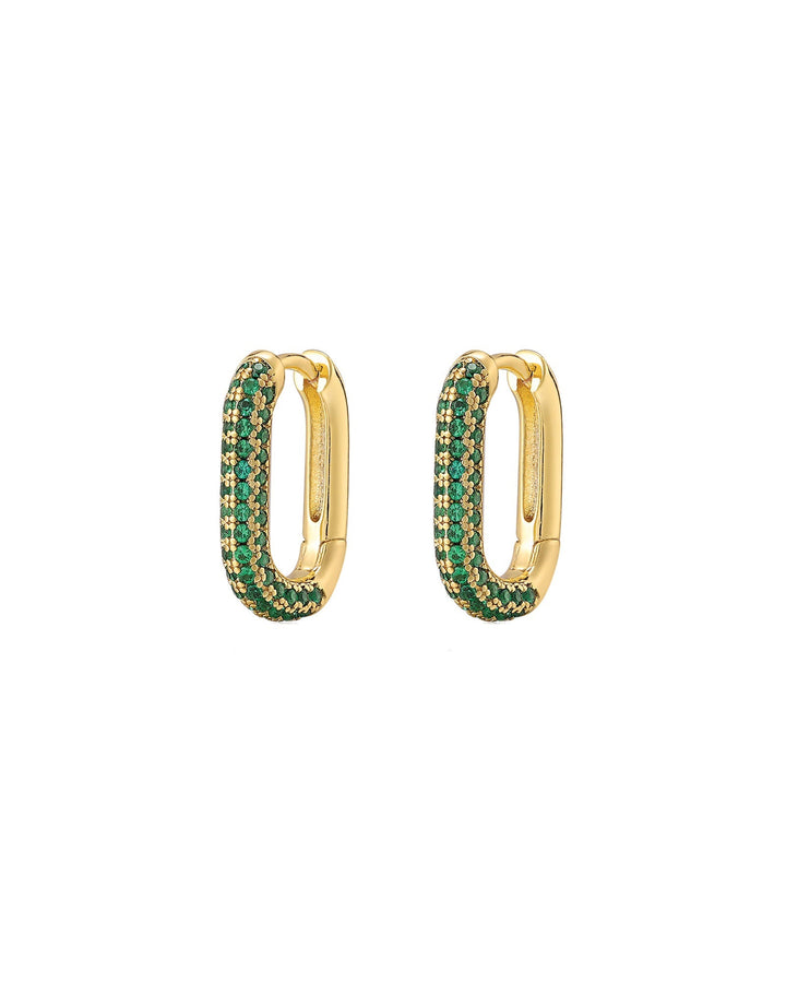 Luv AJ-Rectangle Pave Huggies-Earrings-18k Gold Plated, Emerald Green Cubic Zirconia-Blue Ruby Jewellery-Vancouver Canada