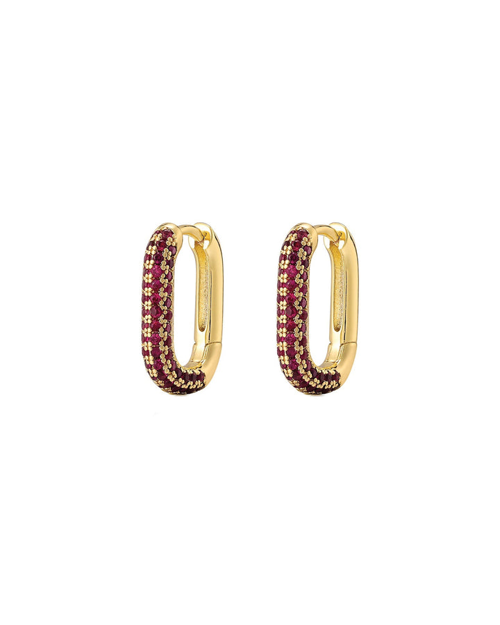 Luv AJ-Rectangle Pave Huggies-Earrings-18k Gold Plated, Ruby Red Cubic Zirconia-Blue Ruby Jewellery-Vancouver Canada