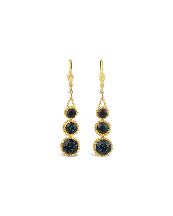 La Vie Parisienne-Three Round Crystal Hooks-Earrings-14k Gold Plated, Midnite Crystal-Blue Ruby Jewellery-Vancouver Canada