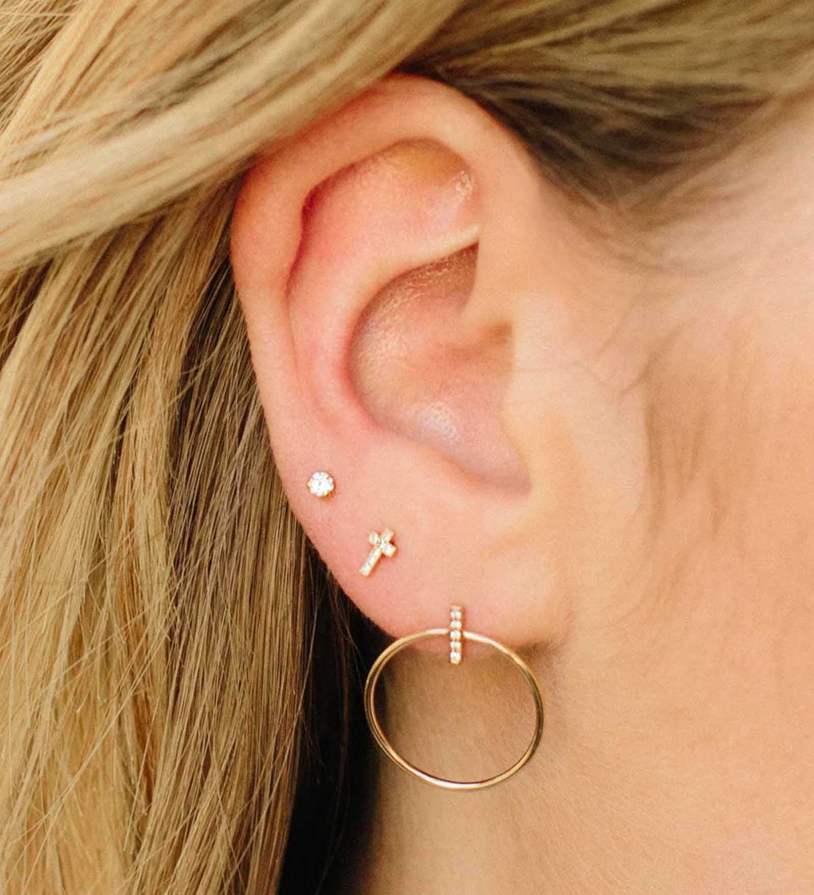 Zoe Chicco-Itty Bitty Pavé Cross Stud-Earrings-14k Yellow Gold, Diamond-Blue Ruby Jewellery-Vancouver Canada