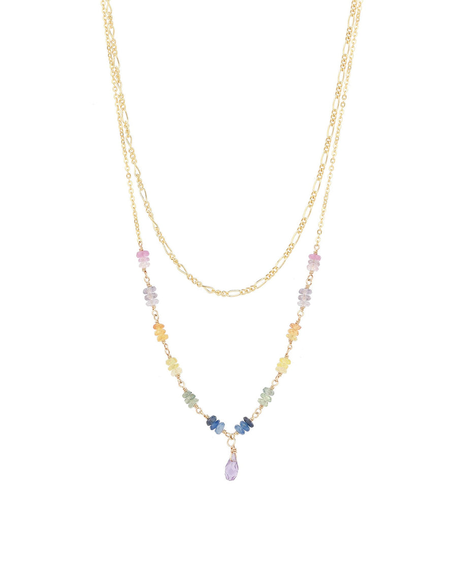 Gem Jar-2 Row Figaro Station Stone Drop Necklace-Necklaces-14k Gold Filled, Amethyst-Blue Ruby Jewellery-Vancouver Canada
