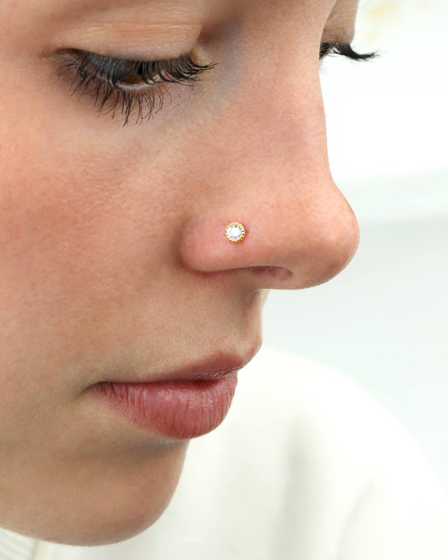 Valley of the Fine-4mm CZ Nose Stud-Body Jewellery-10k Yellow Gold, Cubic Zirconia-Blue Ruby Jewellery-Vancouver Canada