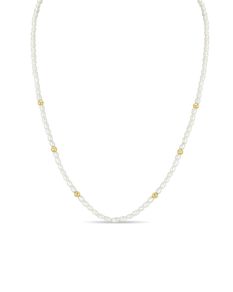 Zoe Chicco-6 Gold Bead Station Rice Pearl Necklace-Necklaces-14k Yellow Gold-Blue Ruby Jewellery-Vancouver Canada