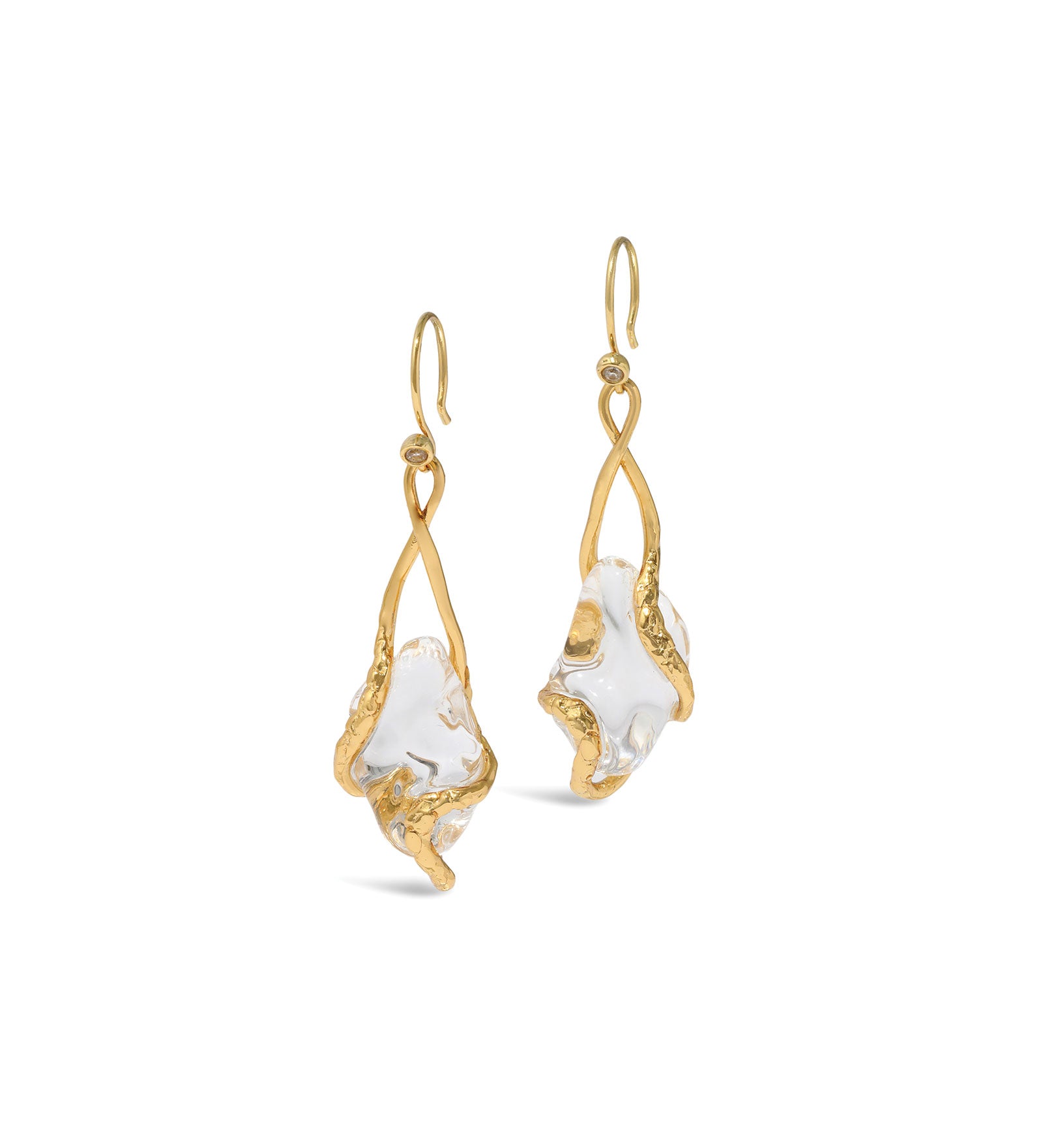 Liquid Vine Lucite Suspended Raindrop Wire Earrings 14k Gold Plated, Clear Lucite