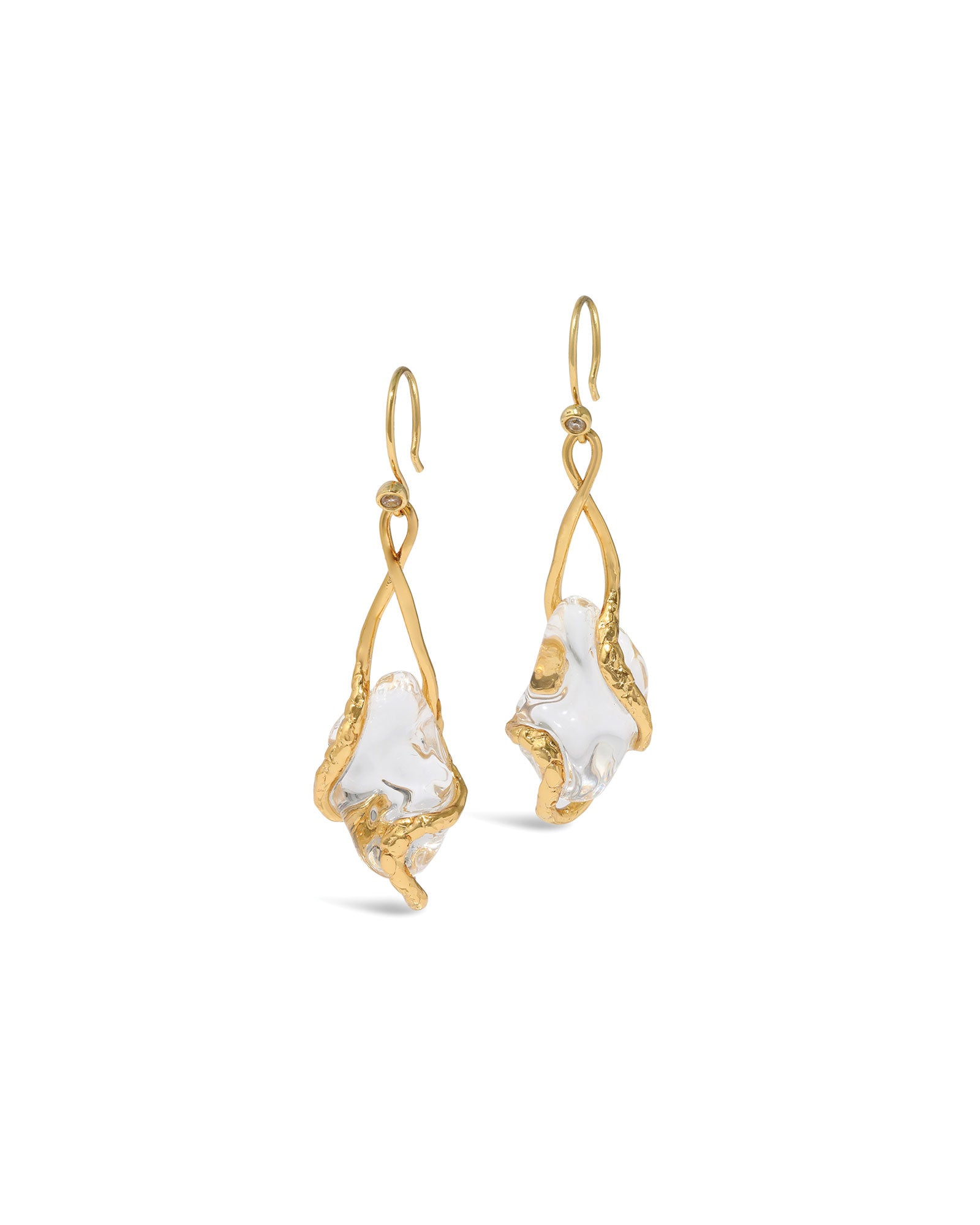 Liquid Vine Lucite Suspended Raindrop Wire Earrings 14k Gold Plated, Clear Lucite