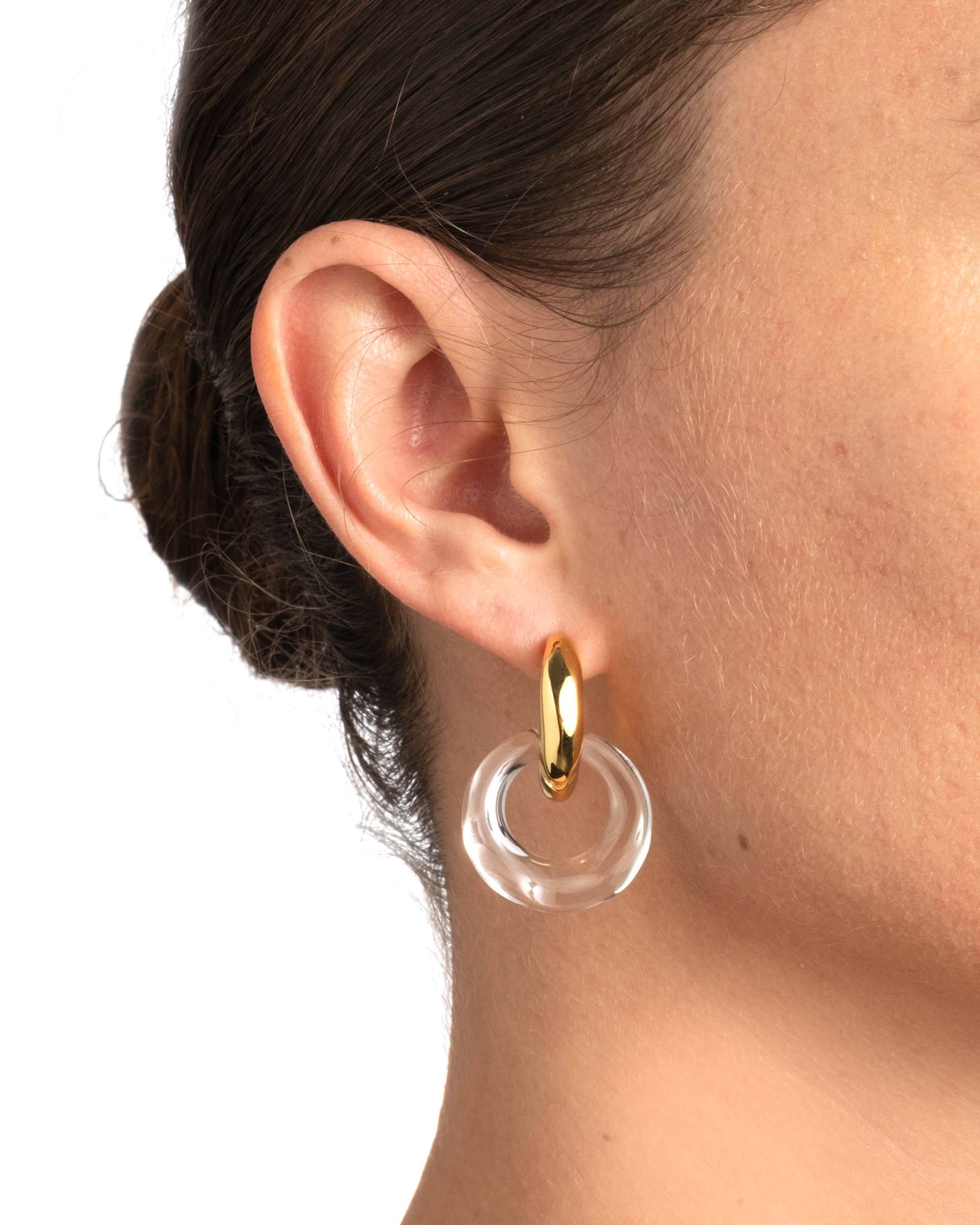 Liquid Lucite Door Knocker Earrings 14k Gold Plated, White Pearl
