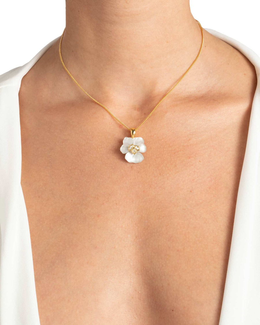 Pansy Lucite Petite Pendant Necklace- Night Pansy 14k Gold Plated, White Pearl
