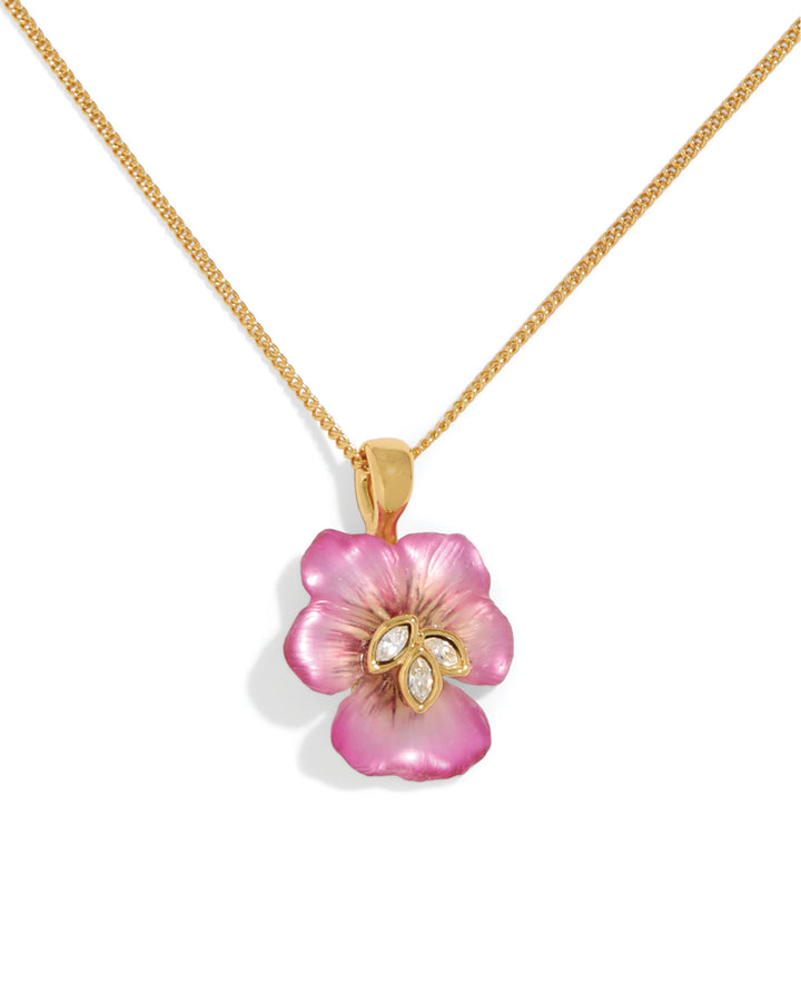 Pansy Lucite Petite Pendant Necklace- Morning Pansy 14k Gold Plated, White Pearl