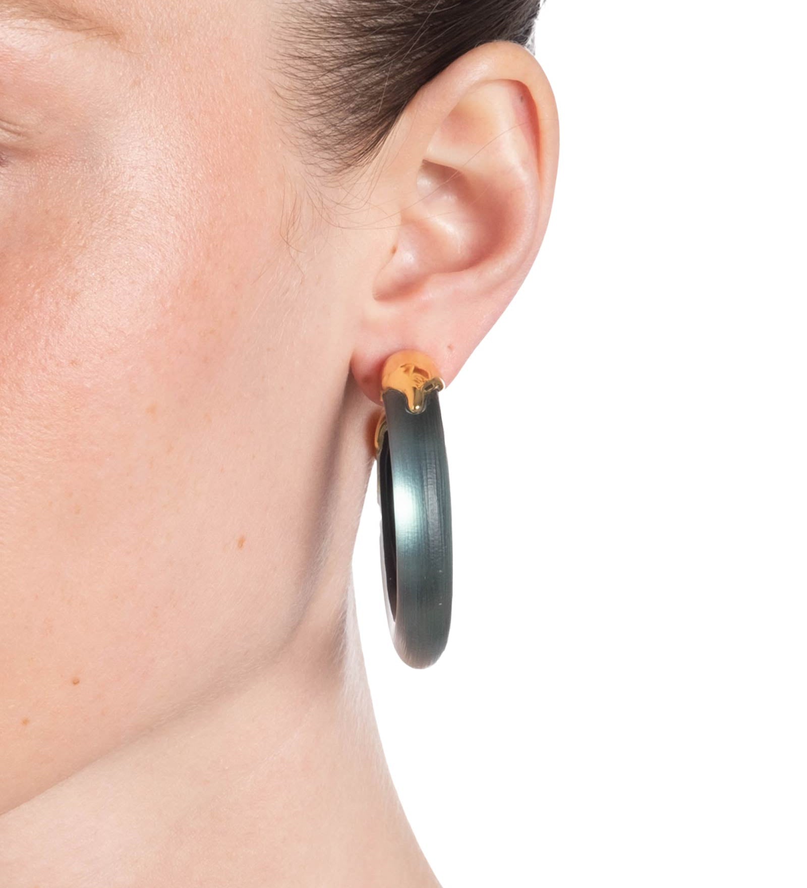 Alexis Bittar-Luminous Lucite Gold Dipped Hoop Earrings-Earrings-14k Gold Plated, Teal Lucite-Blue Ruby Jewellery-Vancouver Canada