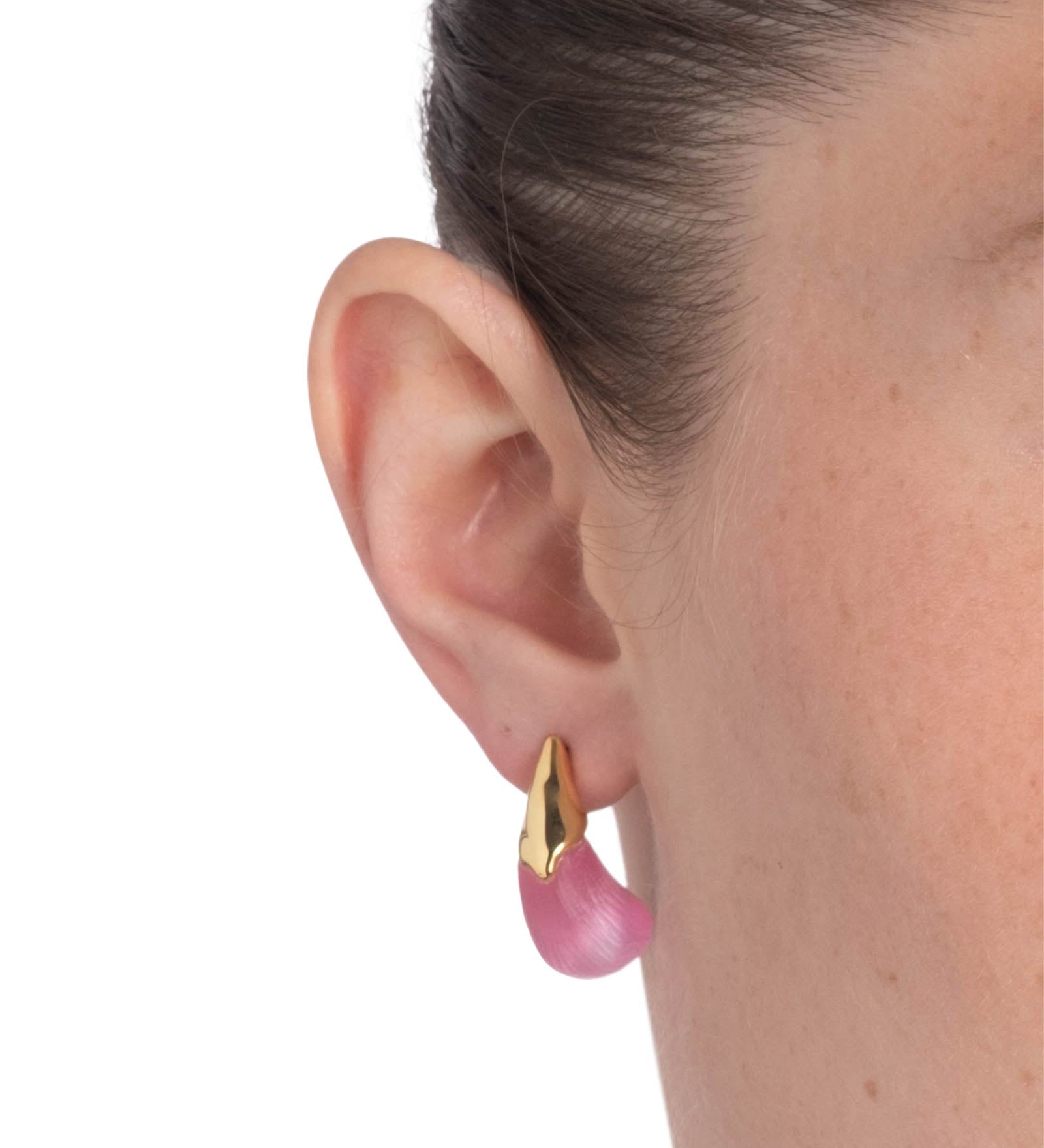 Alexis Bittar-Luminous Lucite Arched Small Post Earrings-Earrings-14k Gold Plated, Candy Pink Lucite-Blue Ruby Jewellery-Vancouver Canada