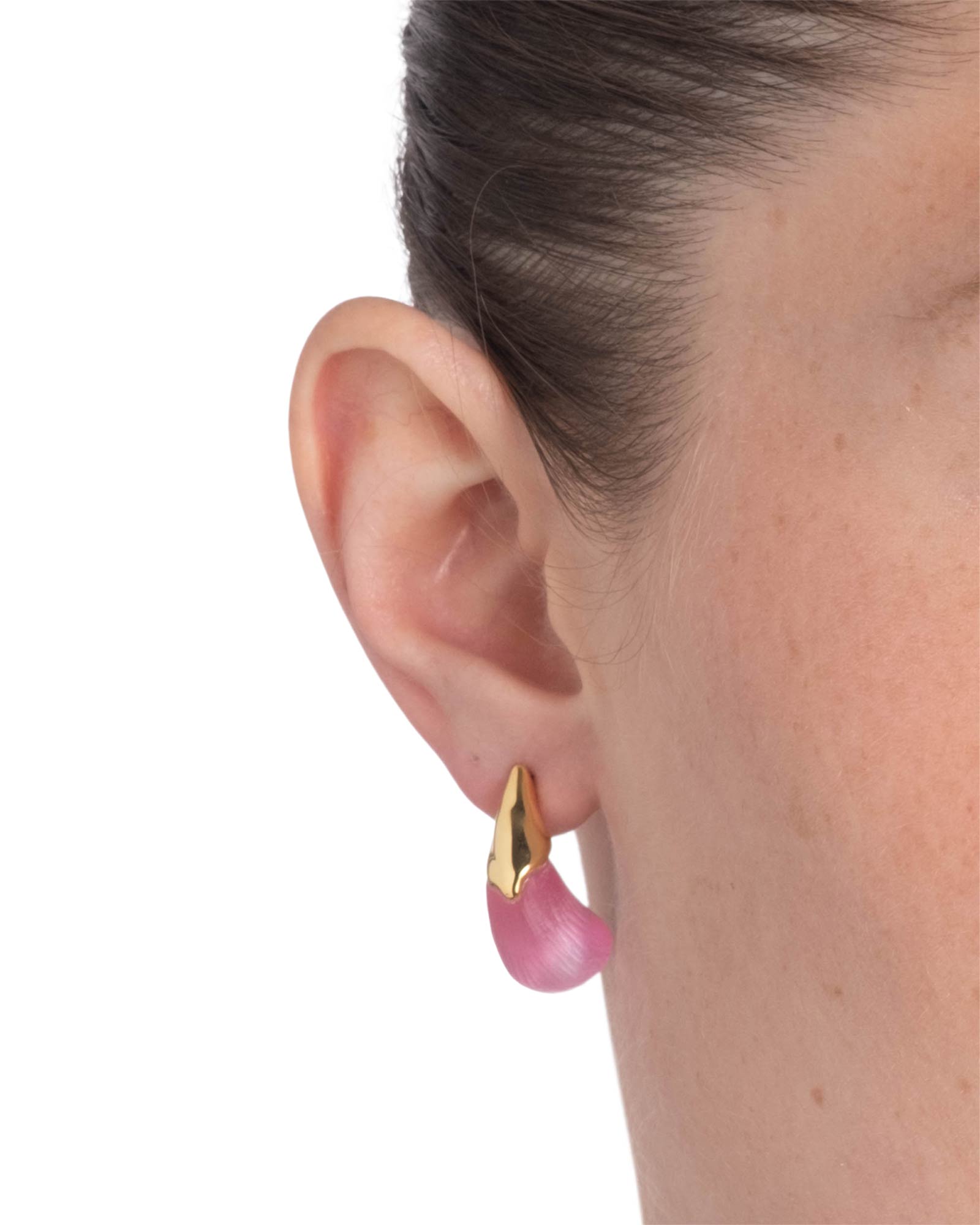 Alexis Bittar-Luminous Lucite Arched Small Post Earrings-Earrings-14k Gold Plated, Candy Pink Lucite-Blue Ruby Jewellery-Vancouver Canada