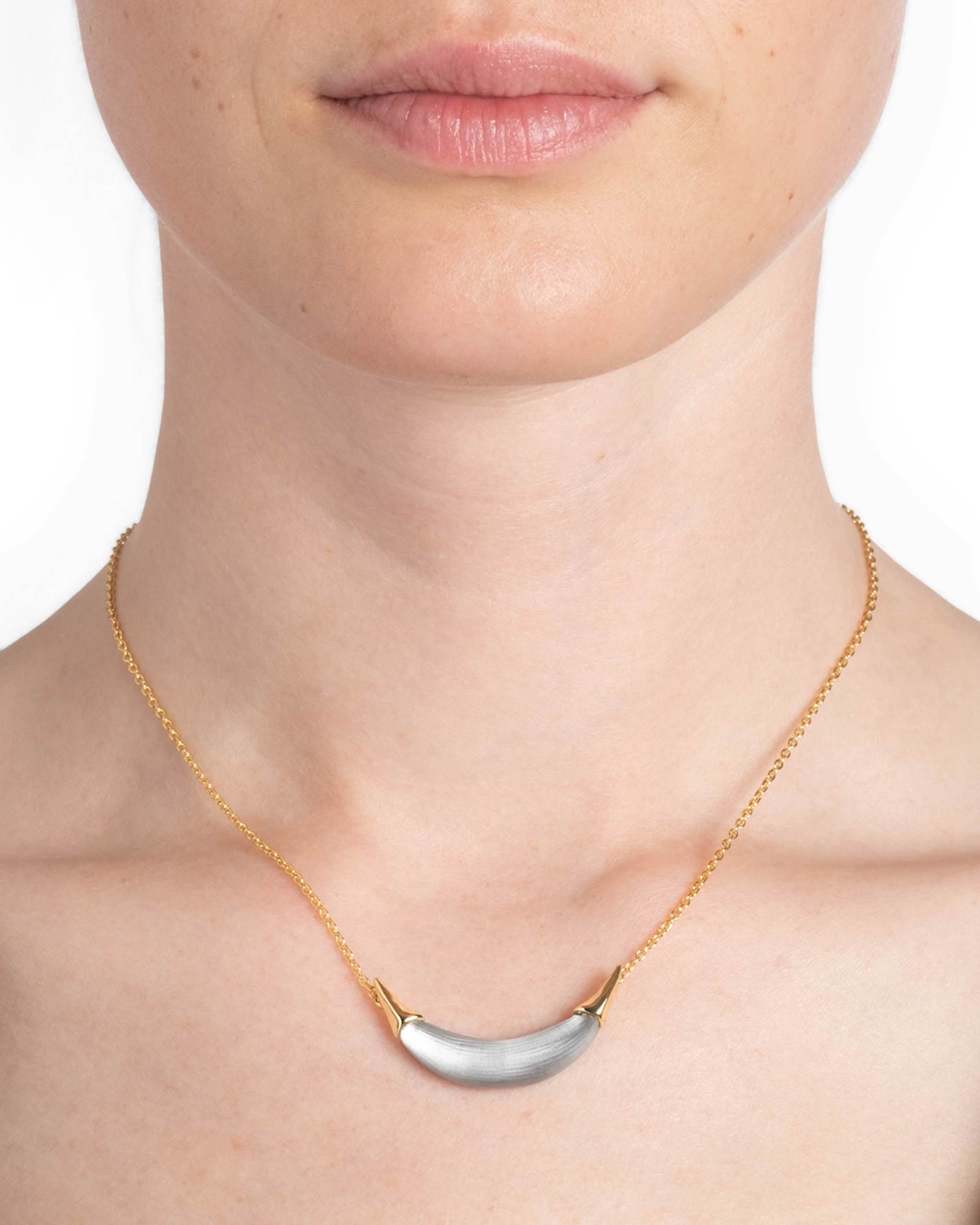 Gold Capped Crescent Lucite Necklace 14k Gold Plated, Pewter Lucite