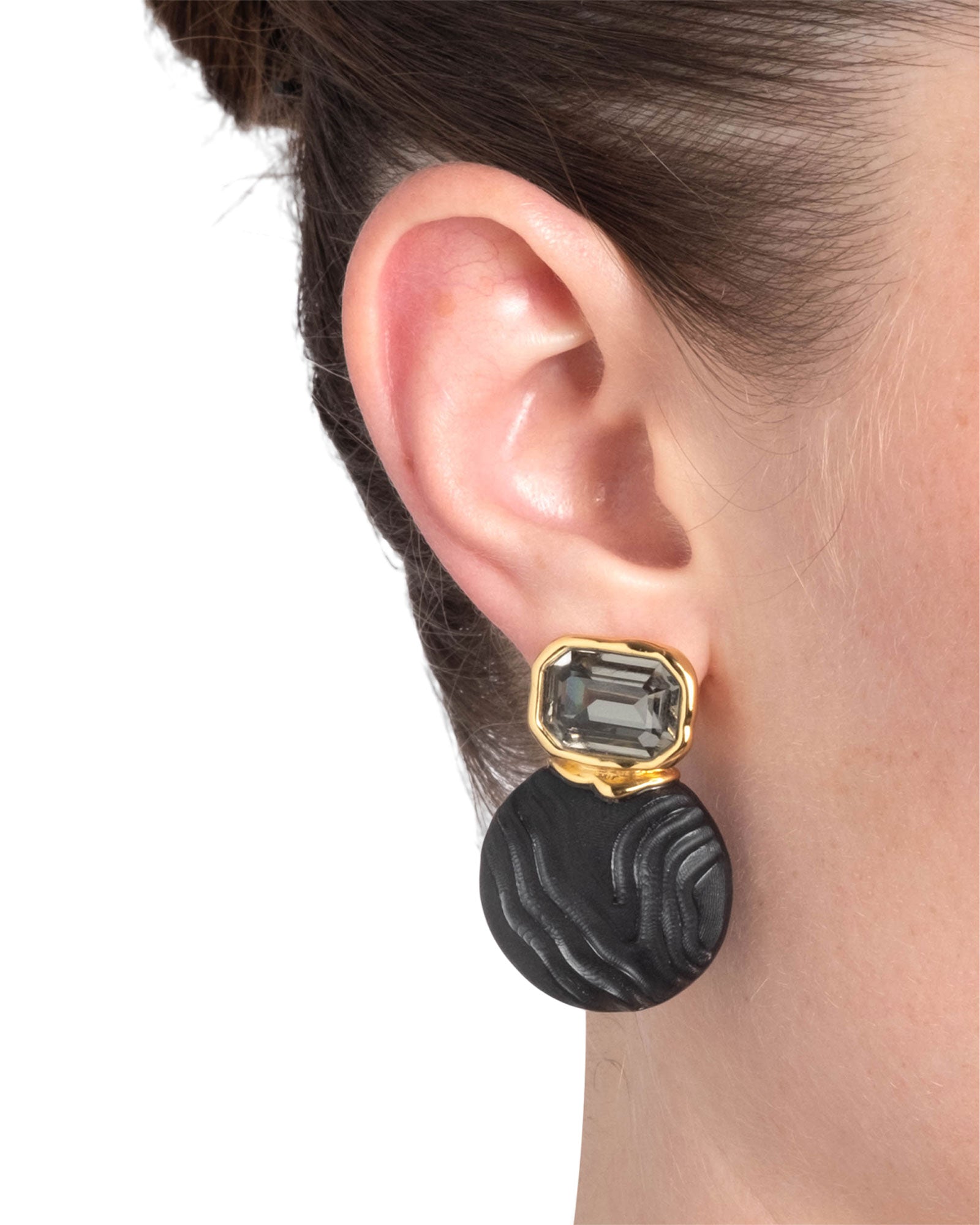 Madera Lucite Disc 
Post Earrings 14k Gold Plated, Black Lucite