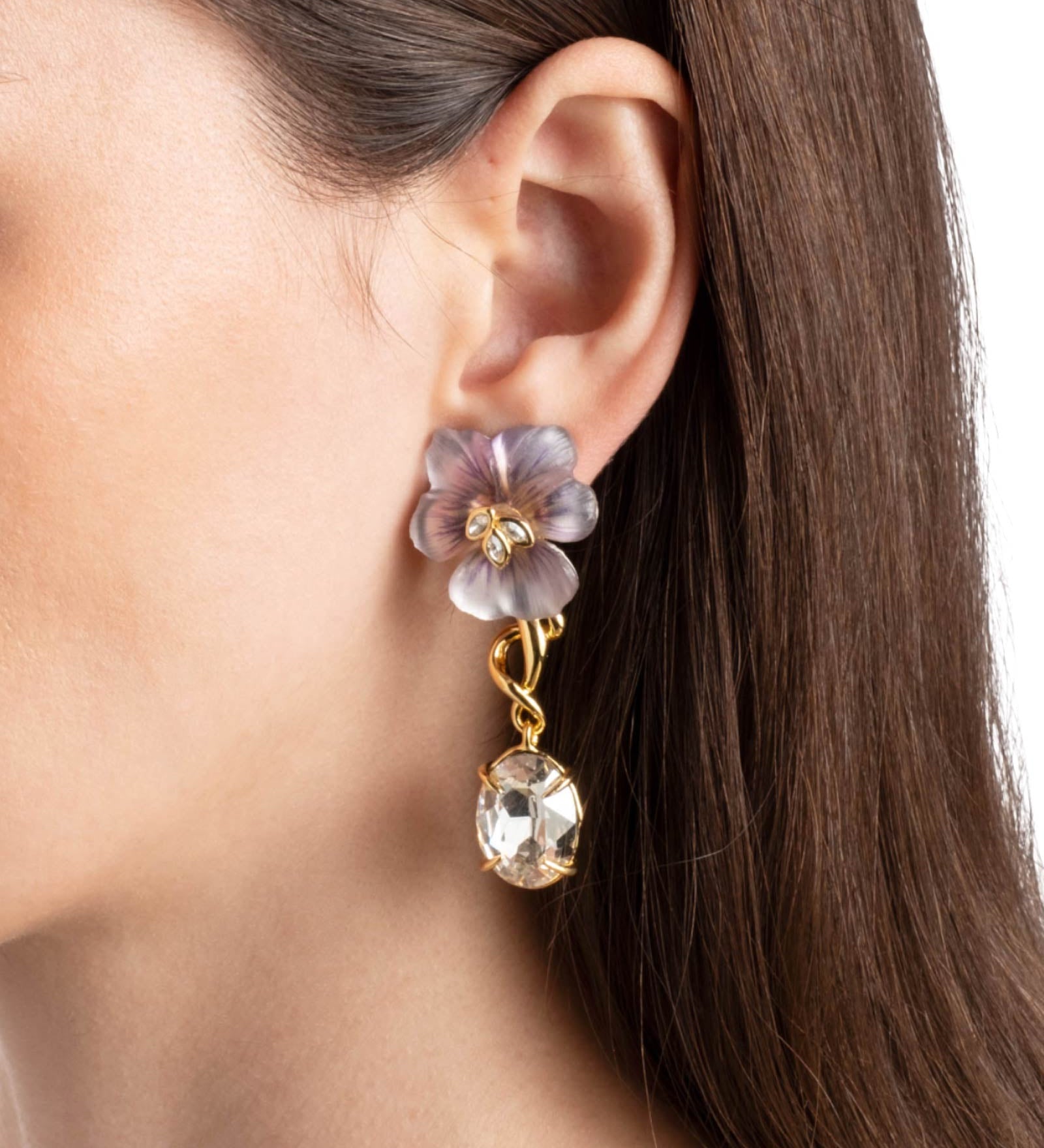 Pansy Lucite Crystal Drop
Post Earrings | Midnight Pansy 14k Gold Plated, Midnight Pansy Lucite