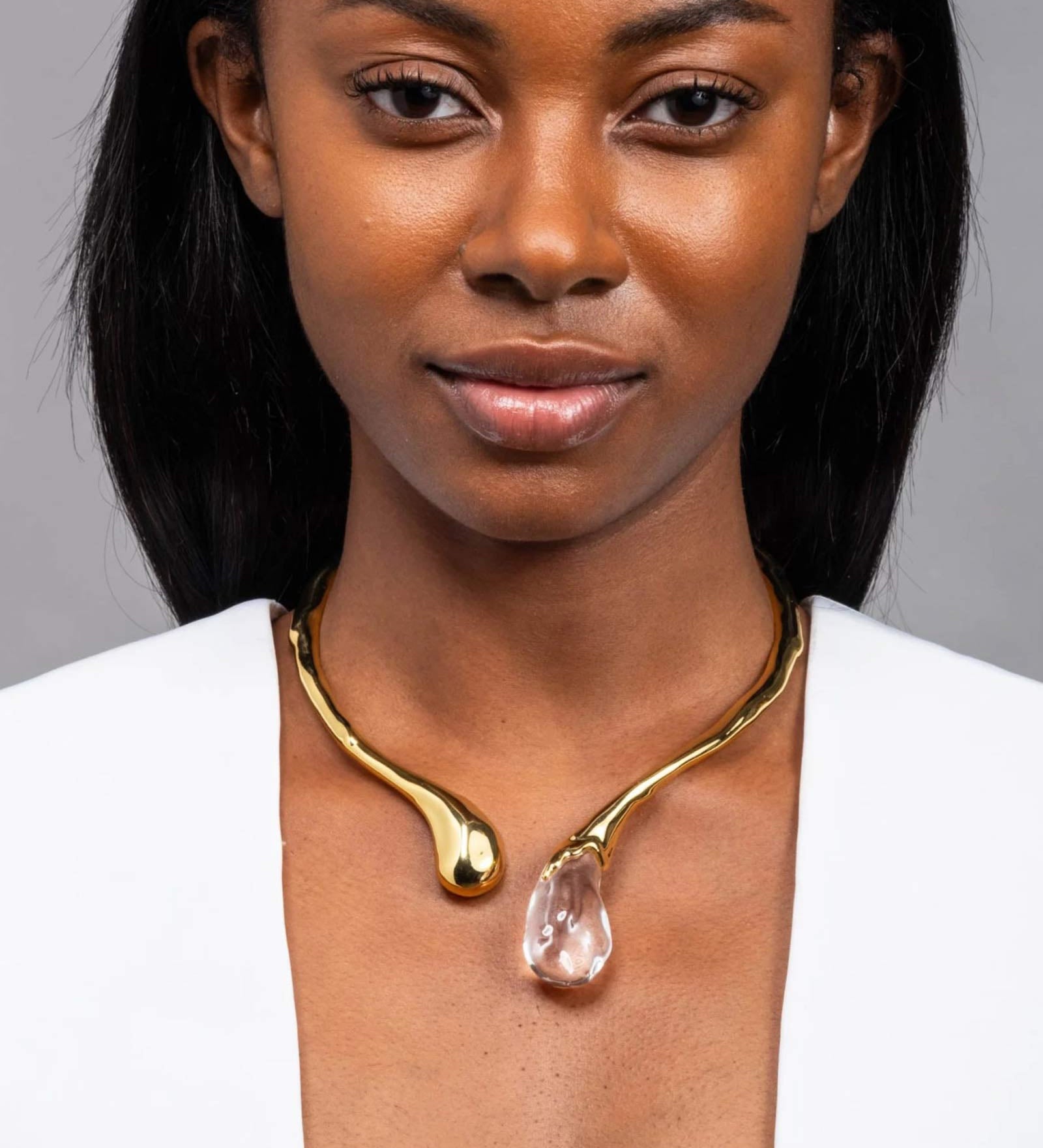 Liquid Lucite Sprout Collar 14k Gold Plated, Clear Lucite