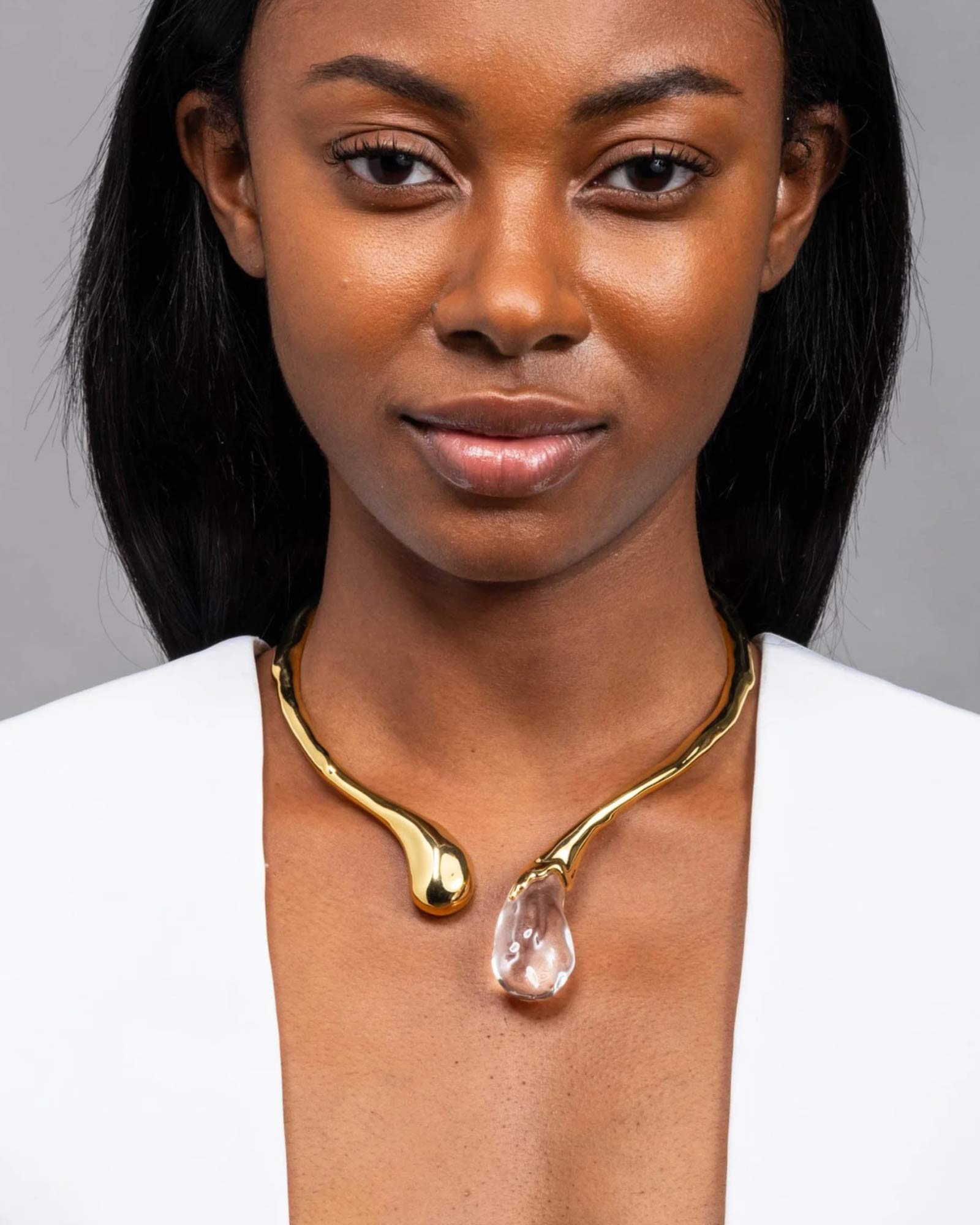 Liquid Lucite Sprout Collar 14k Gold Plated, Clear Lucite