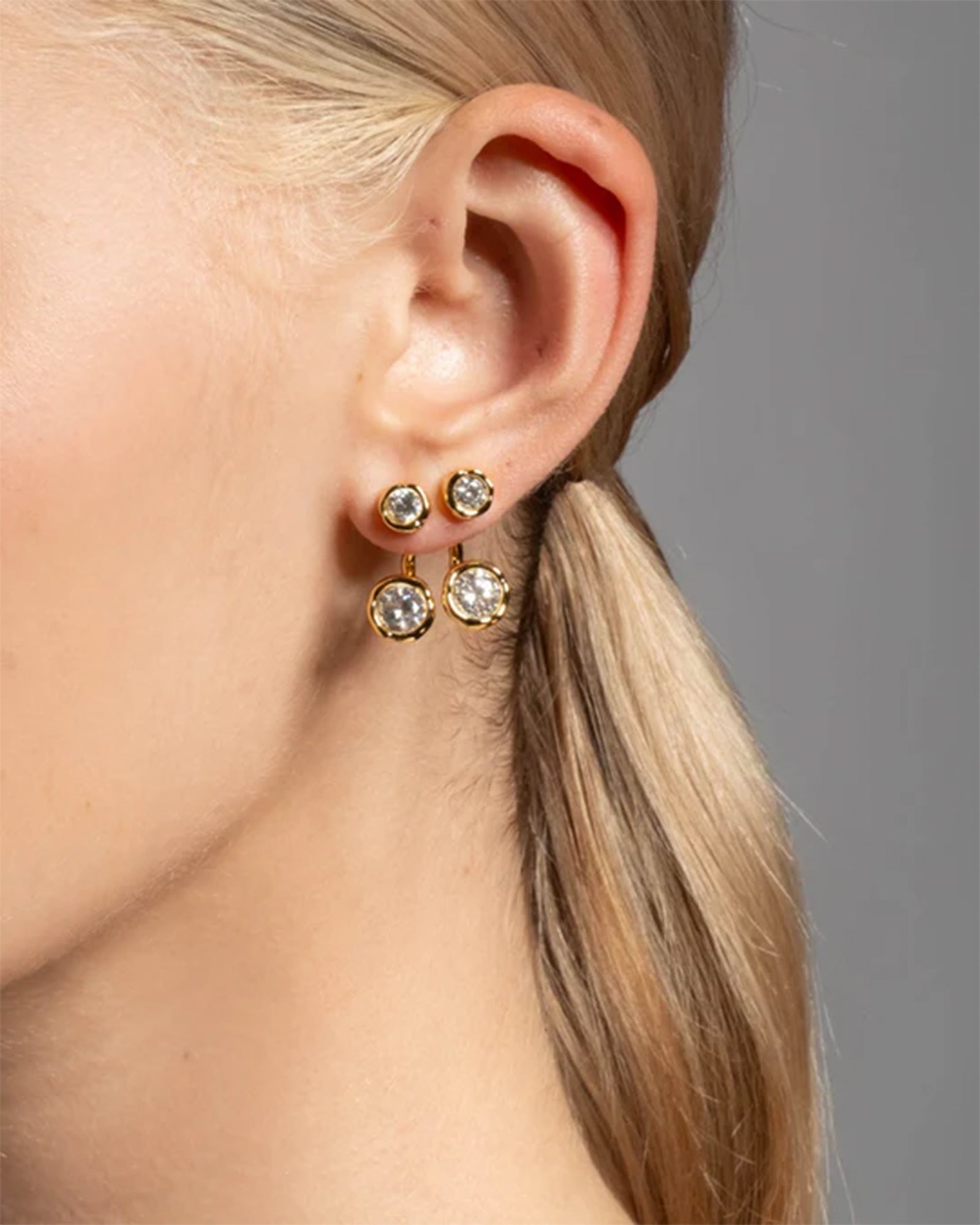 Asterales Molten Front Back CZ Earrings 14k Gold Plated, Cubic Zirconia