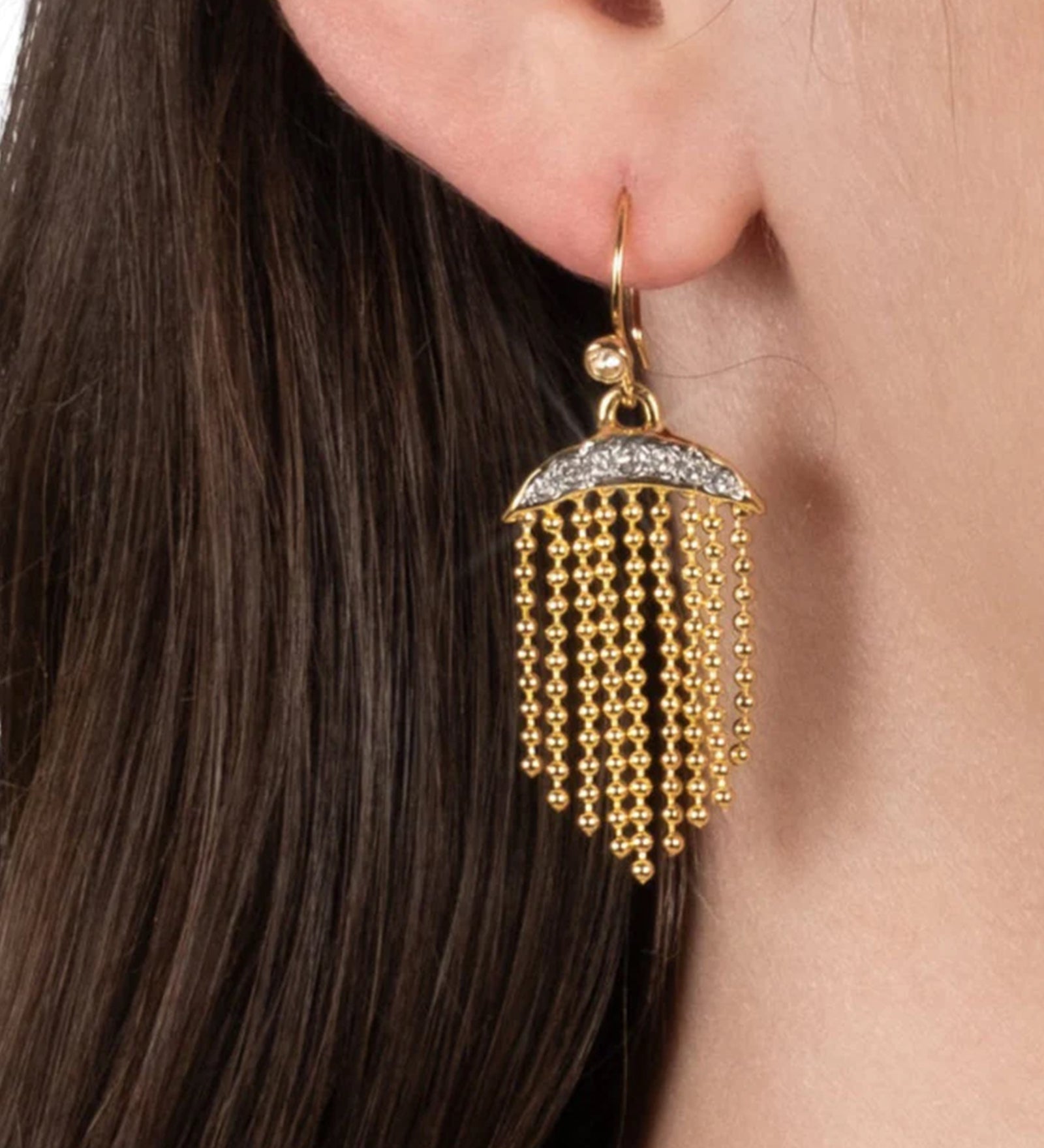 Solanales Crystal Petite Fringe Wire Earring 14k Gold Plated, Crystal, Cubic Zirconia