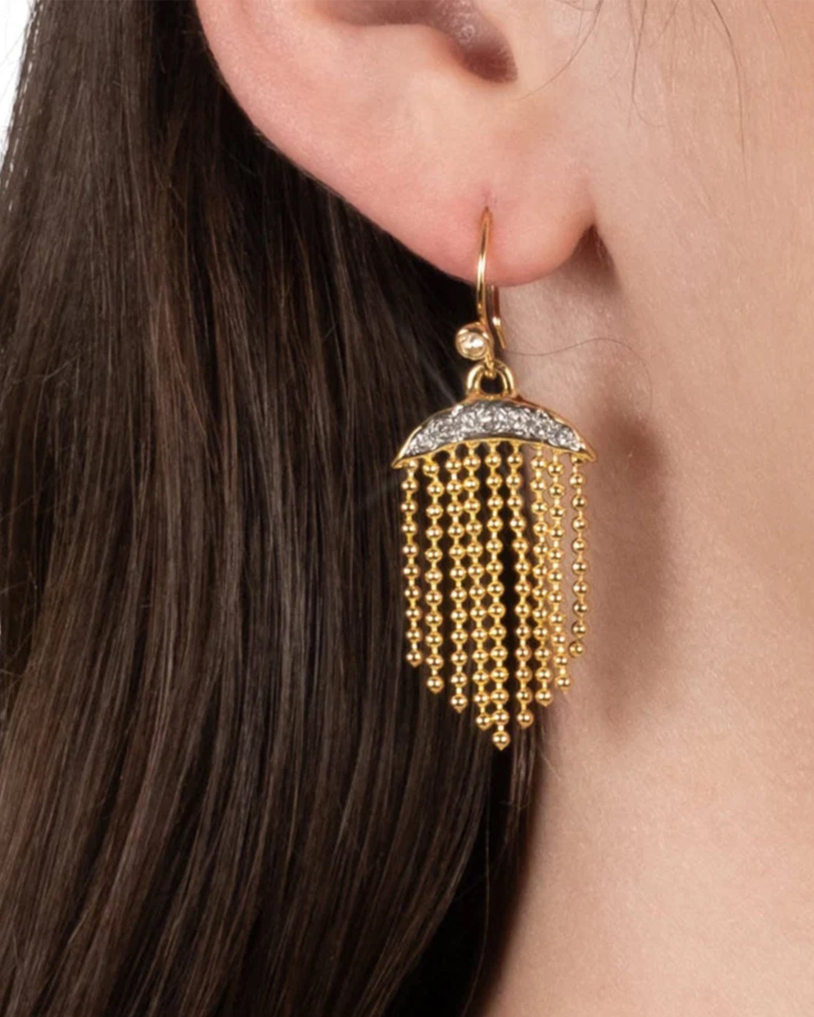Solanales Crystal Petite Fringe Wire Earring 14k Gold Plated, Crystal, Cubic Zirconia