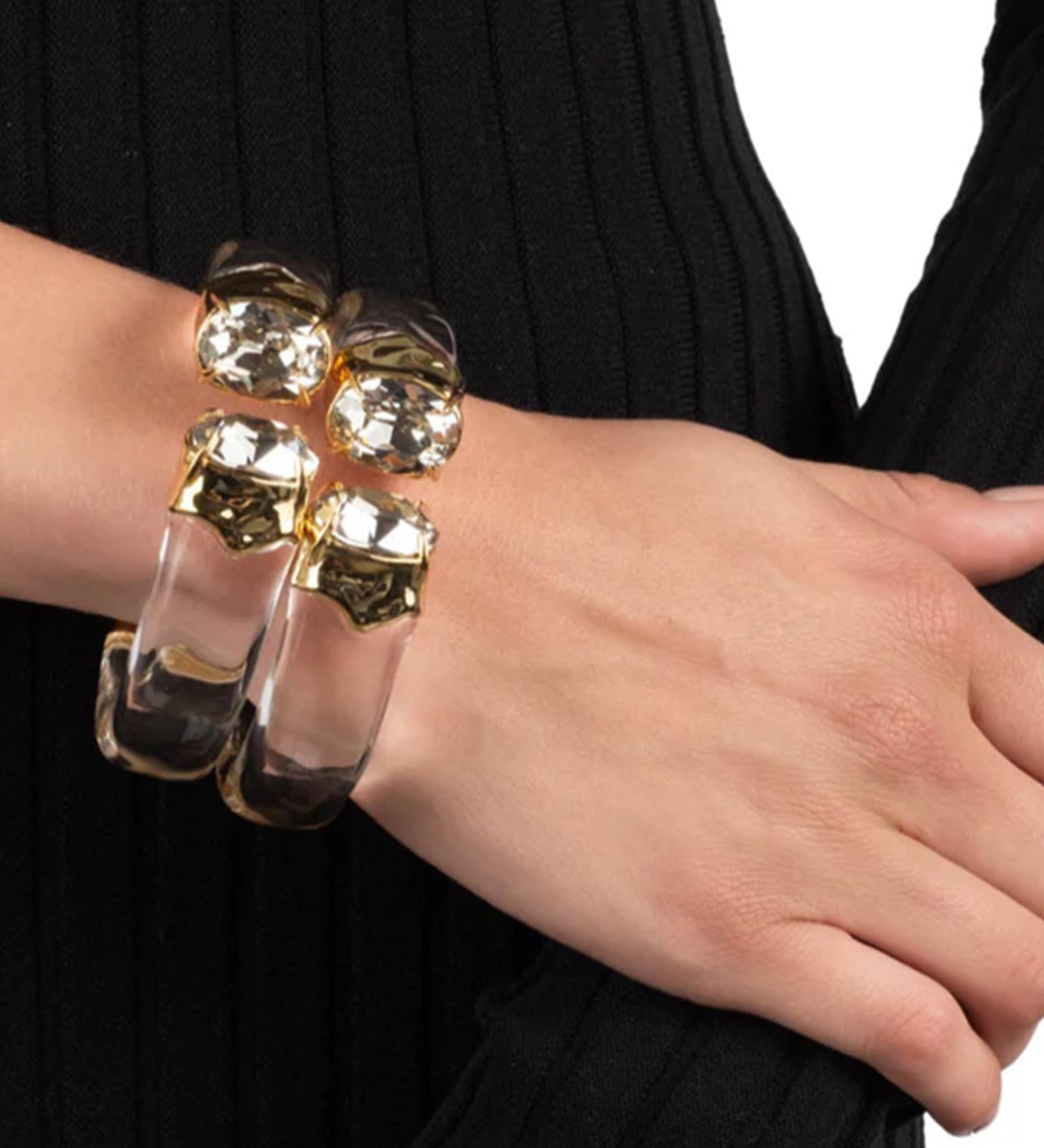 Bonbon Crystal Lucite Hinge  Bracelet 14k Gold Plated, Clear Lucite, Crystal