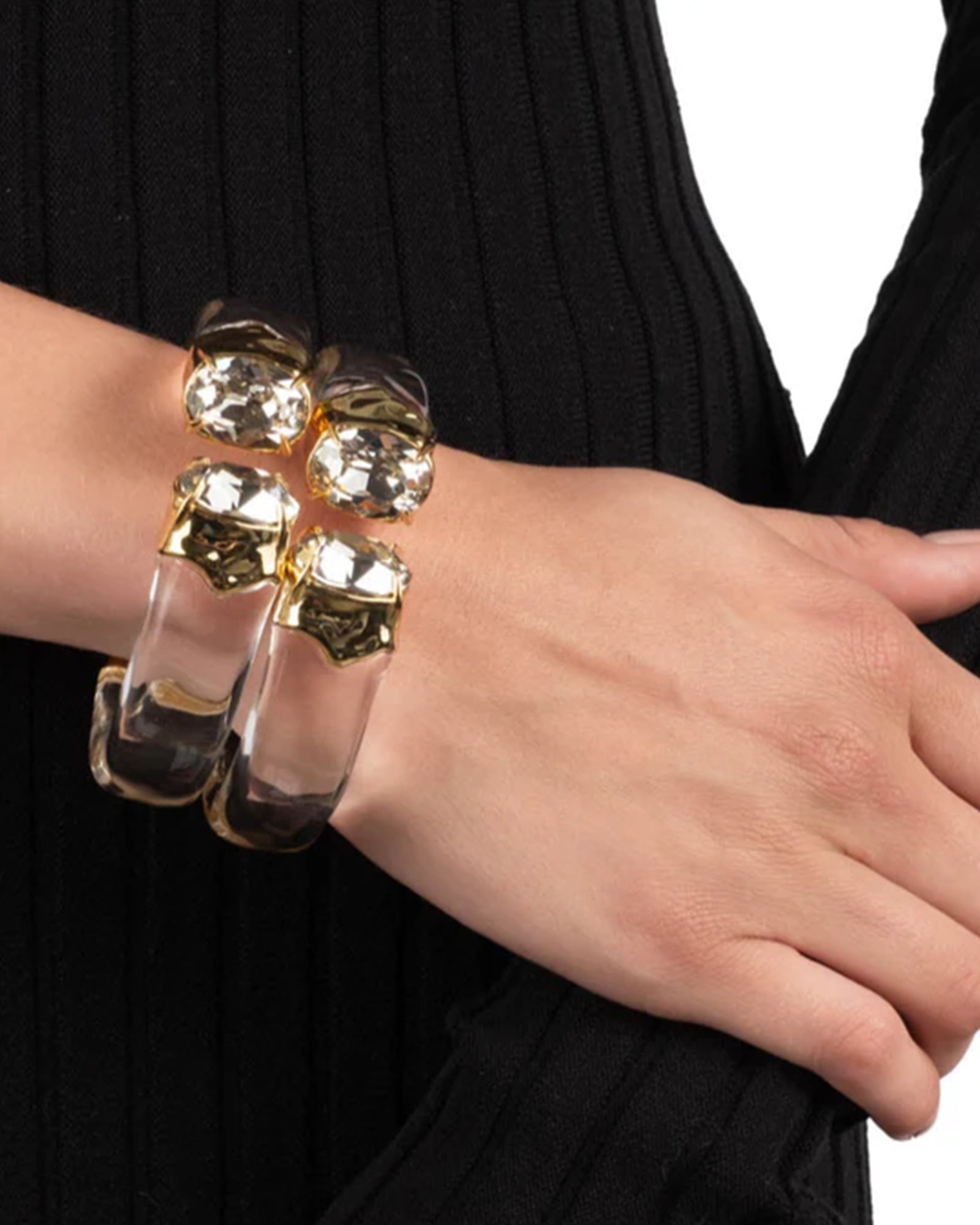 Bonbon Crystal Lucite Hinge  Bracelet 14k Gold Plated, Clear Lucite, Crystal