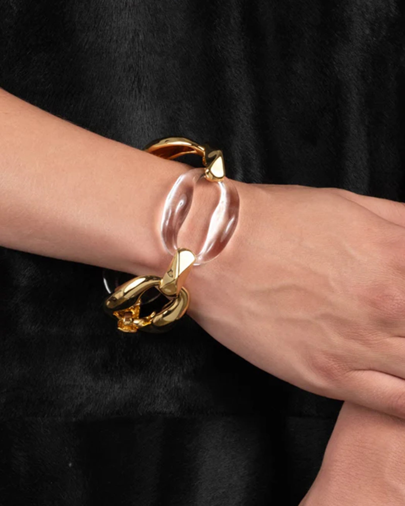 Liquid Lucite Link Bracelet 14k Gold Plated, Clear Lucite