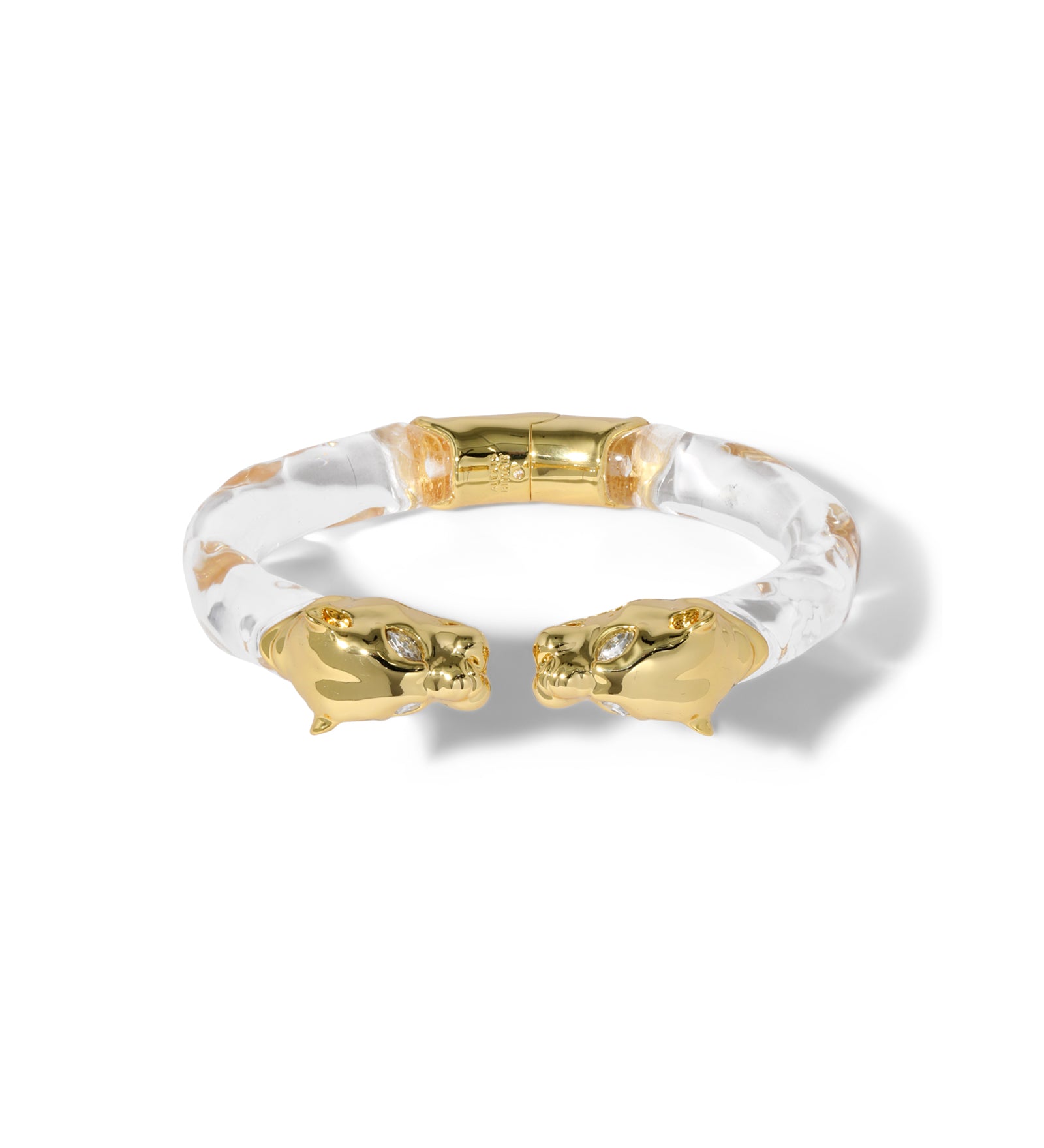 Panther Visage Lucite Hinge Cuff 14k Gold Plated, Clear Lucite