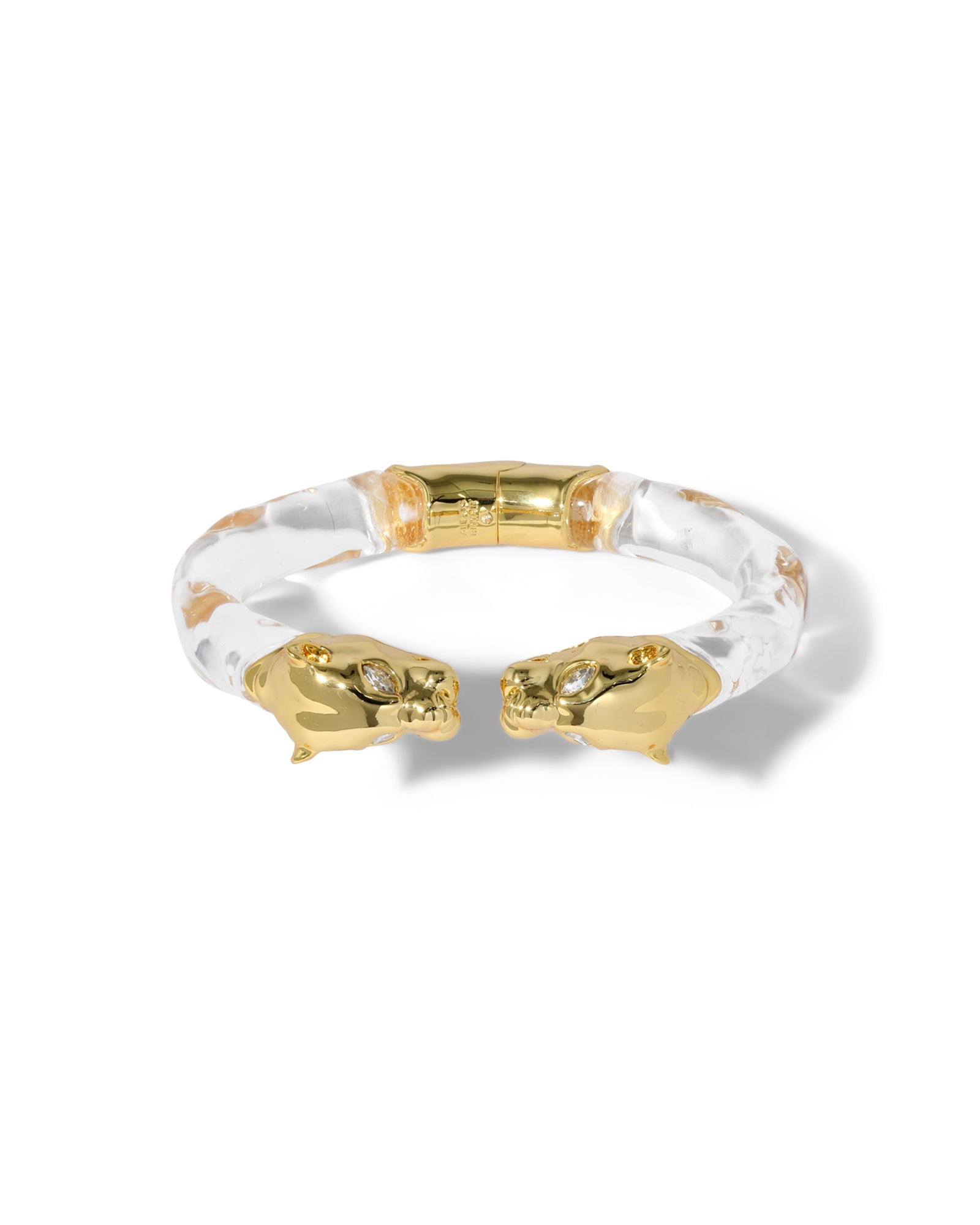 Panther Visage Lucite Hinge Cuff 14k Gold Plated, Clear Lucite