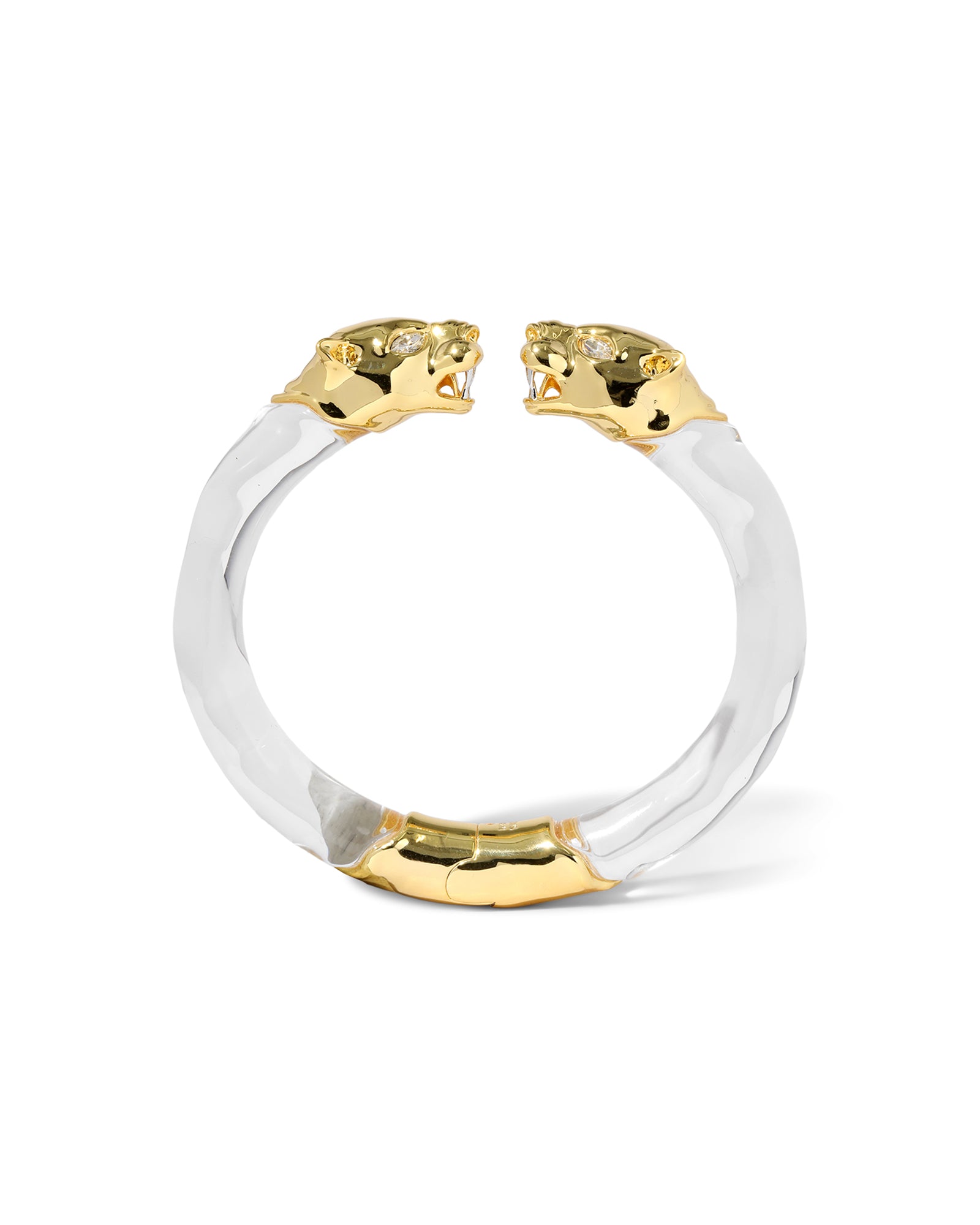 Panther Visage Lucite Hinge Cuff 14k Gold Plated, Clear Lucite