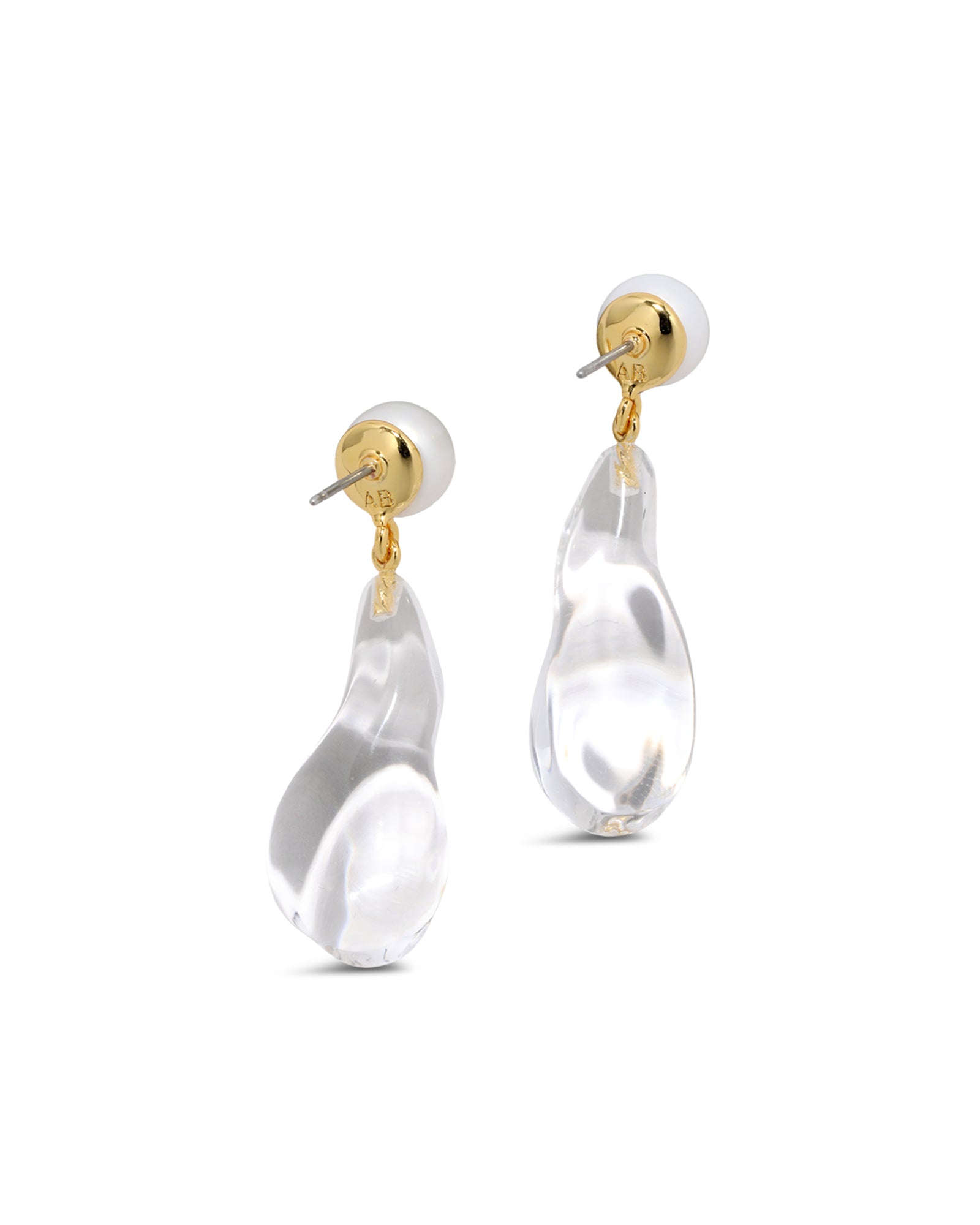 Liquid Lucite Freshwater Pearl Drop Earring 14k Gold Plated, White Pearl, Clear Lucite