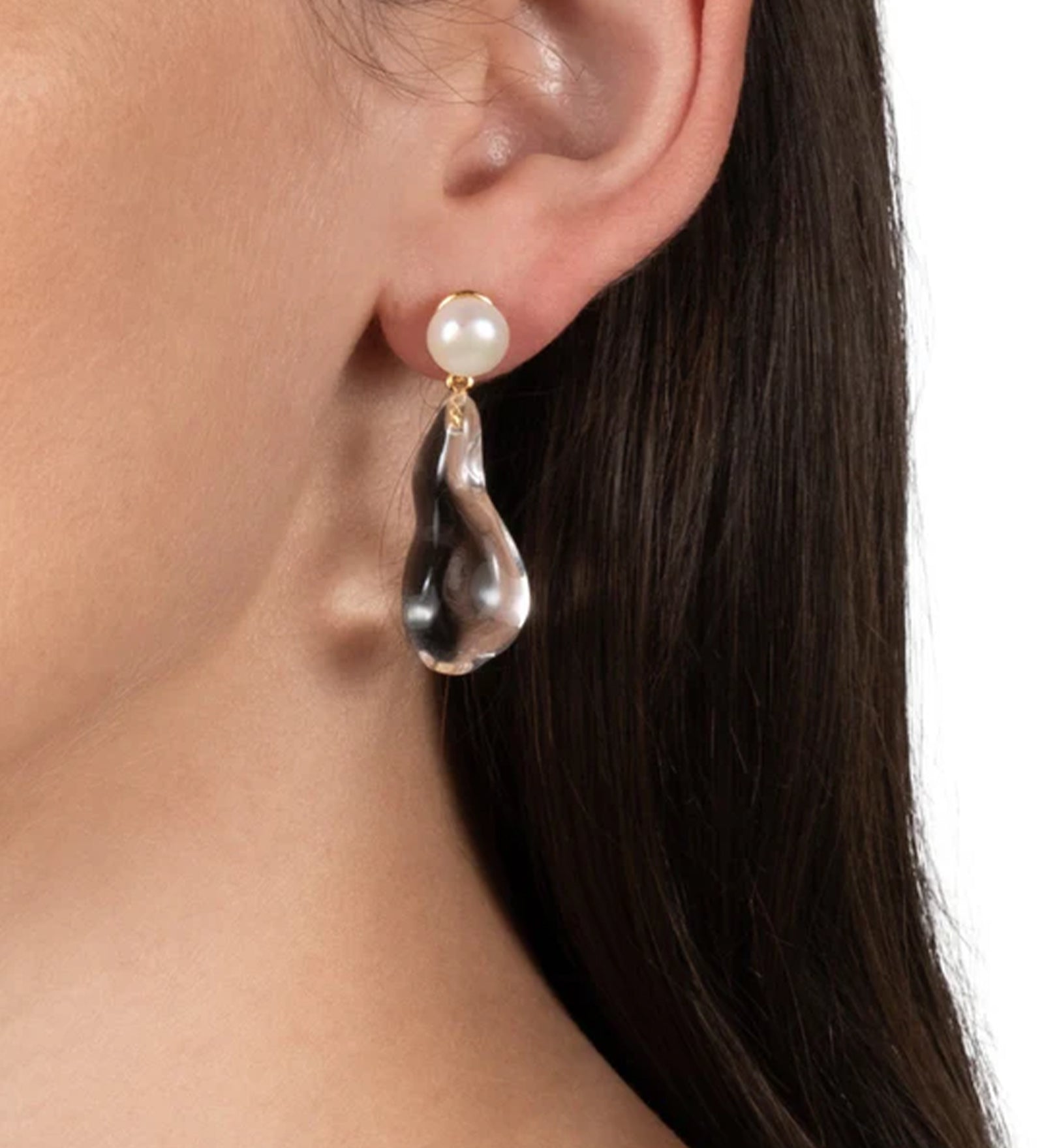 Liquid Lucite Freshwater Pearl Drop Earring 14k Gold Plated, White Pearl, Clear Lucite