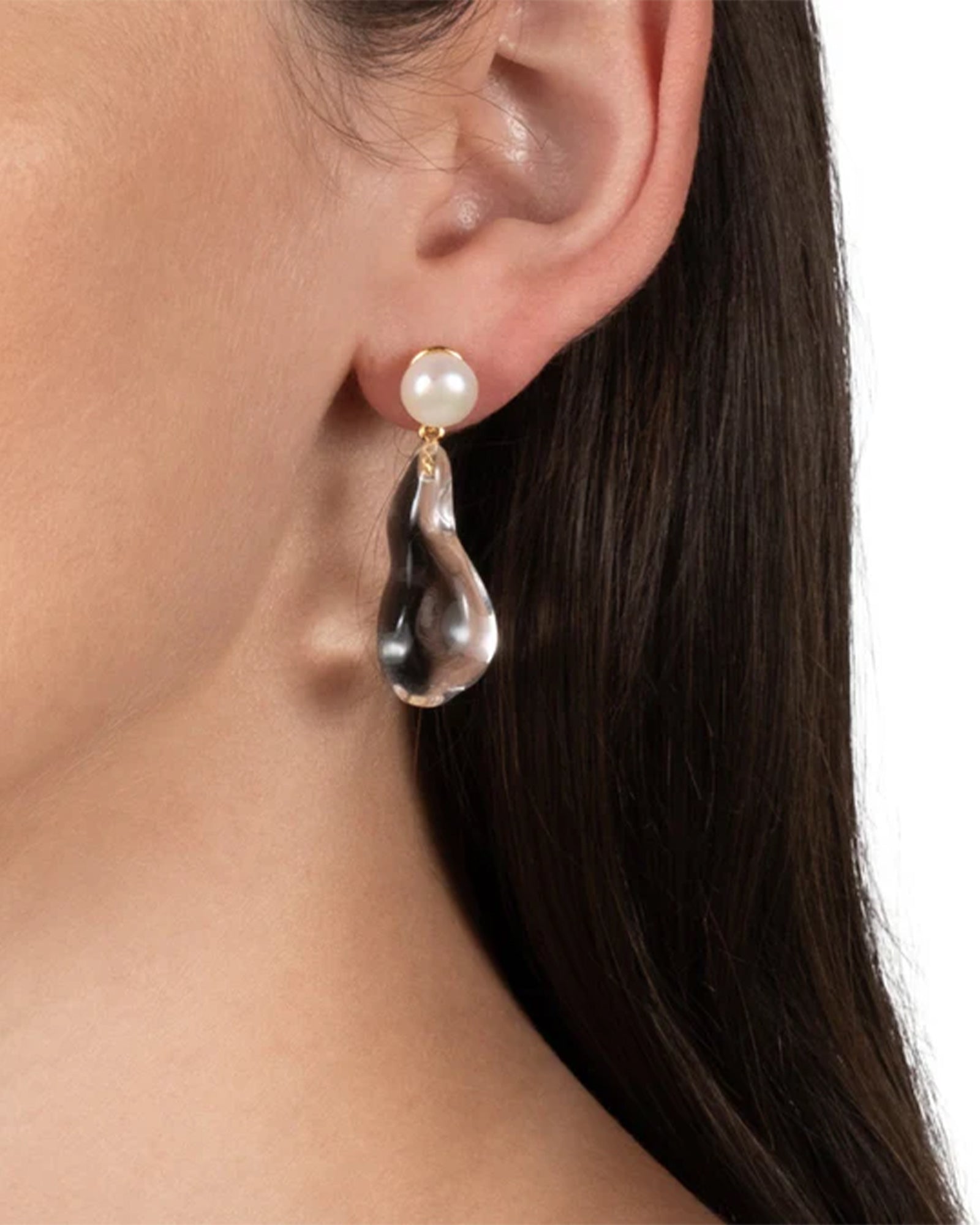 Liquid Lucite Freshwater Pearl Drop Earring 14k Gold Plated, White Pearl, Clear Lucite
