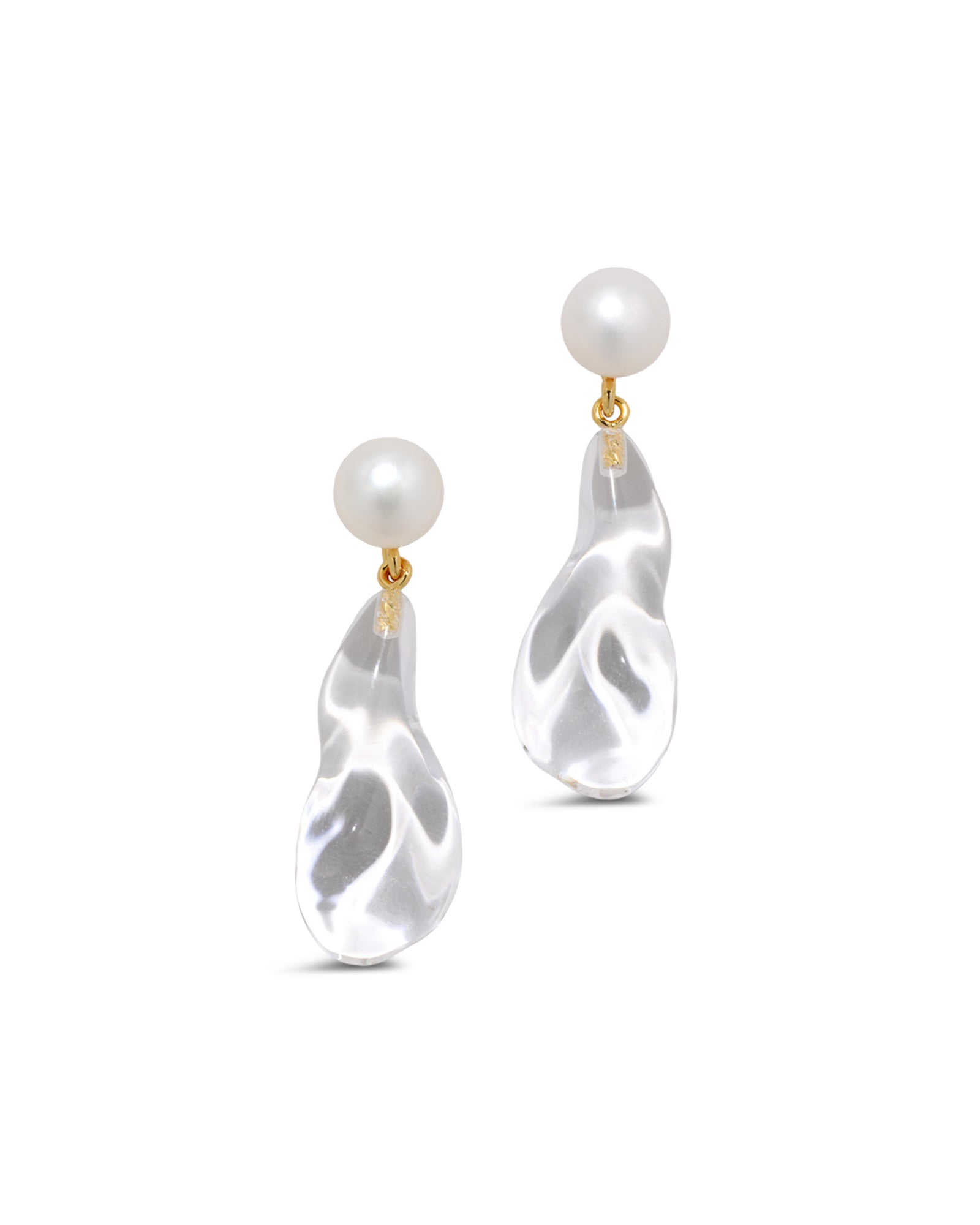 Liquid Lucite Freshwater Pearl Drop Earring 14k Gold Plated, White Pearl, Clear Lucite