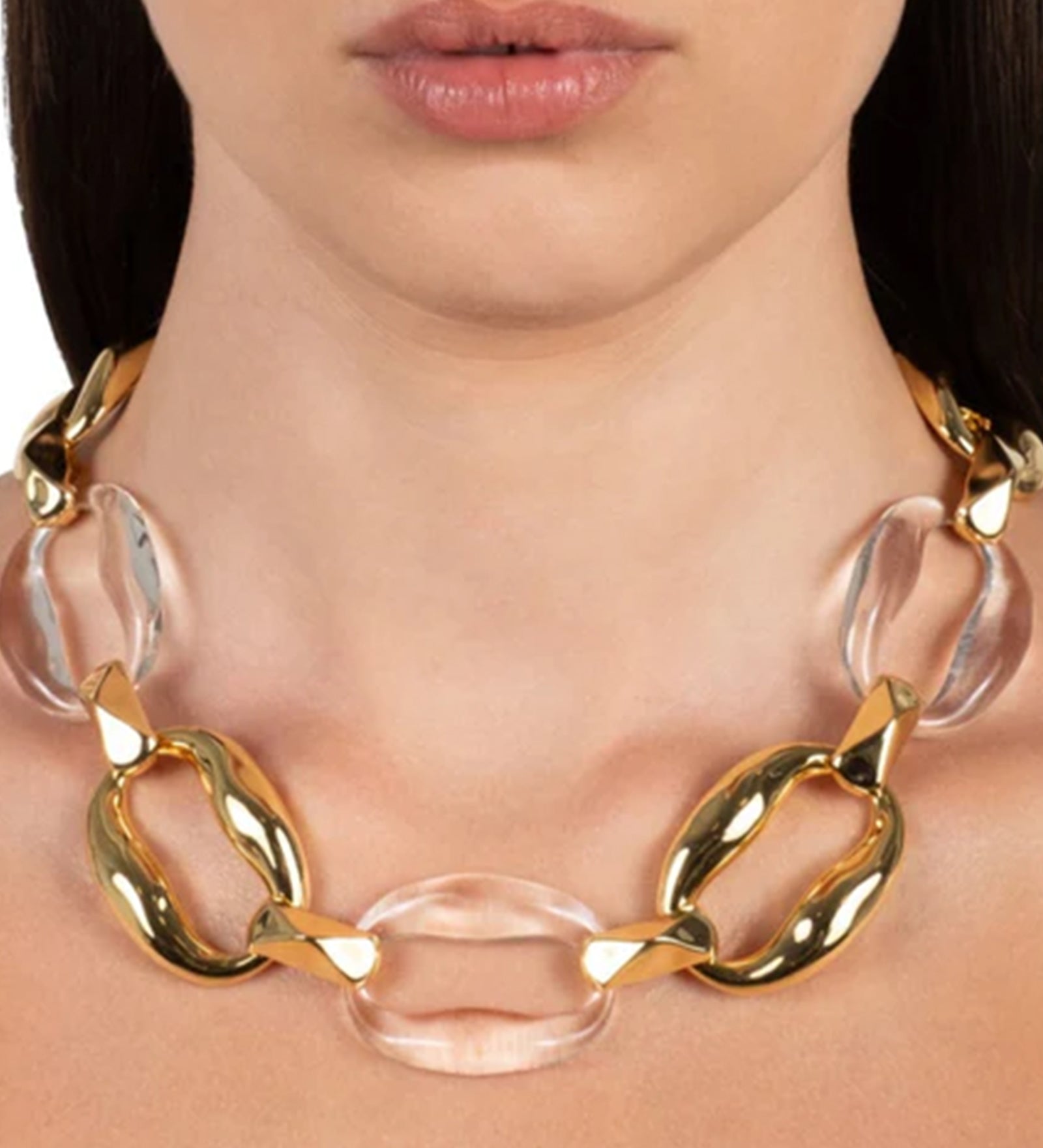Liquid Lucite  Link Necklace 14k Gold Plated, Clear Lucite