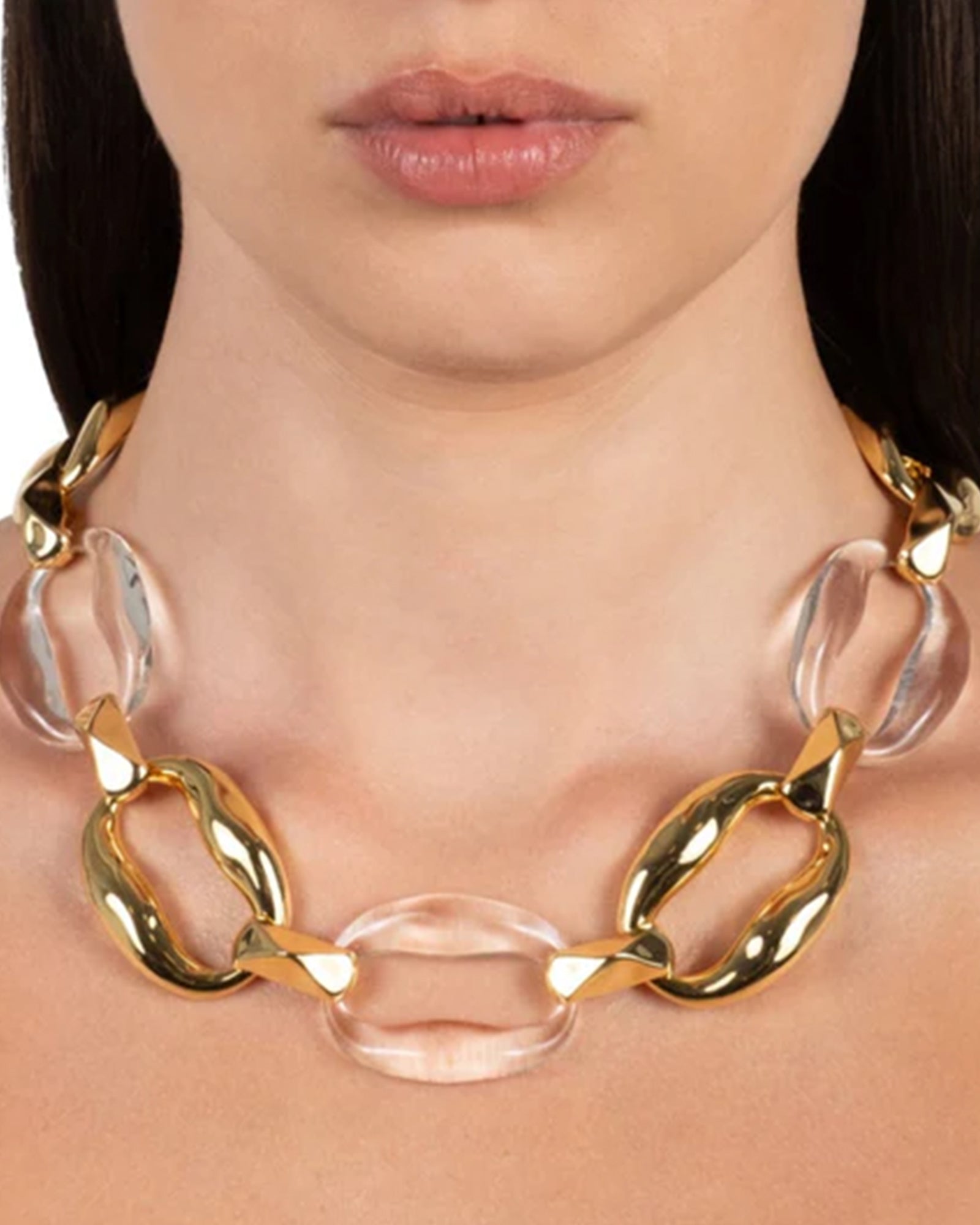Liquid Lucite  Link Necklace 14k Gold Plated, Clear Lucite
