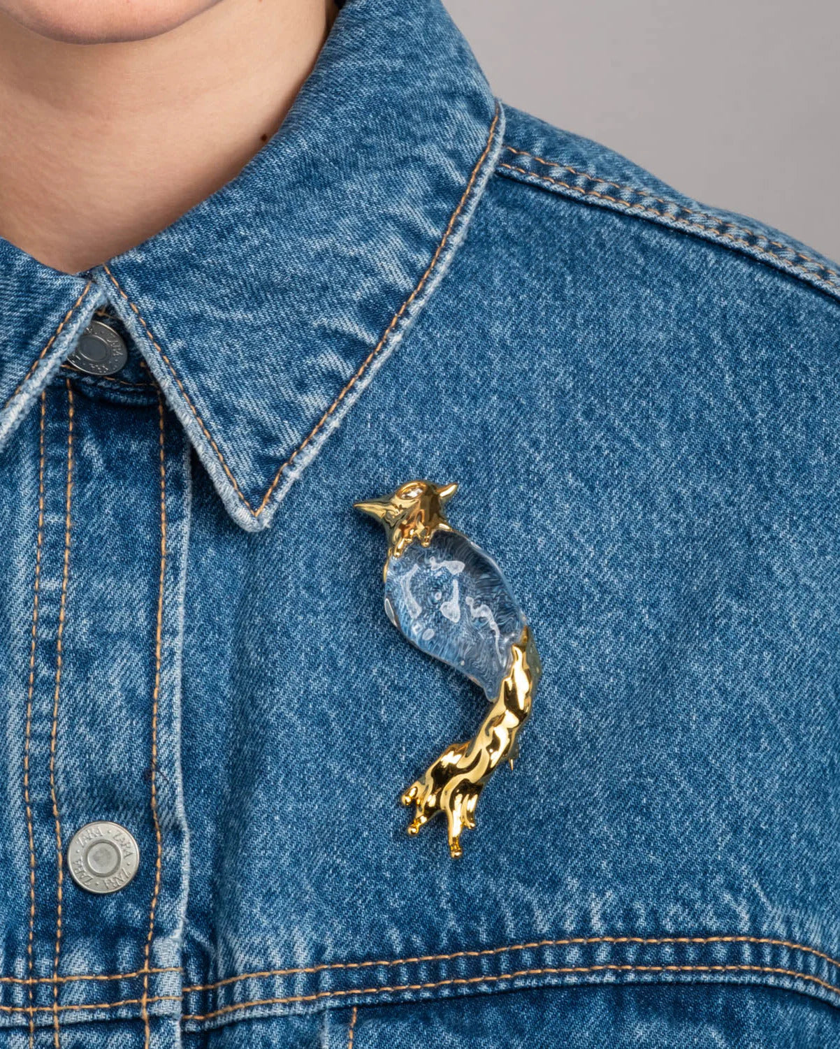 Liquid Lucite Cardinal Pin 14k Gold Plated, Crystal, Clear Lucite