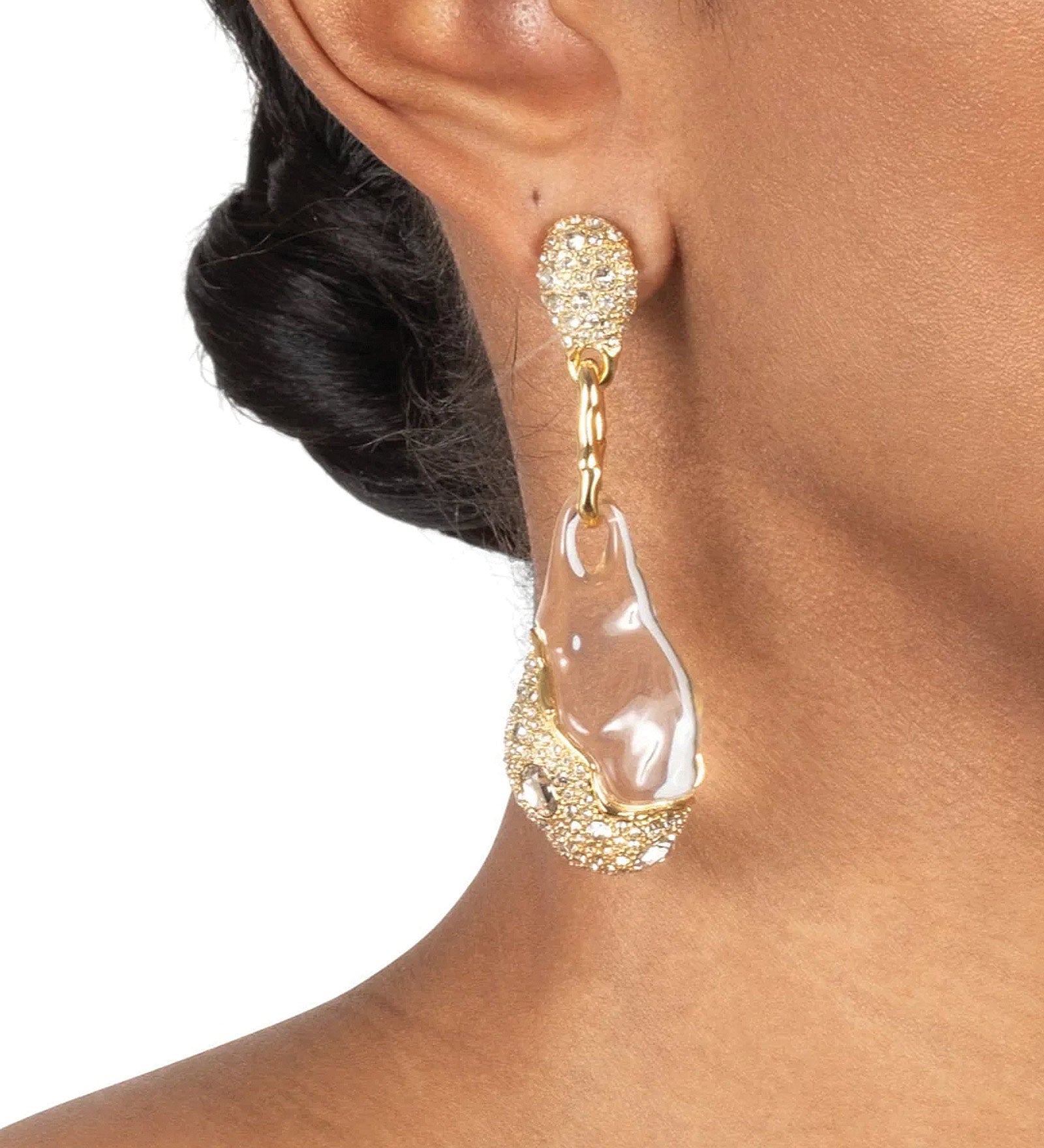 Liquid Lucite Crystal Pavé Pebble Drop Earring 14k Gold Plated, Crystal