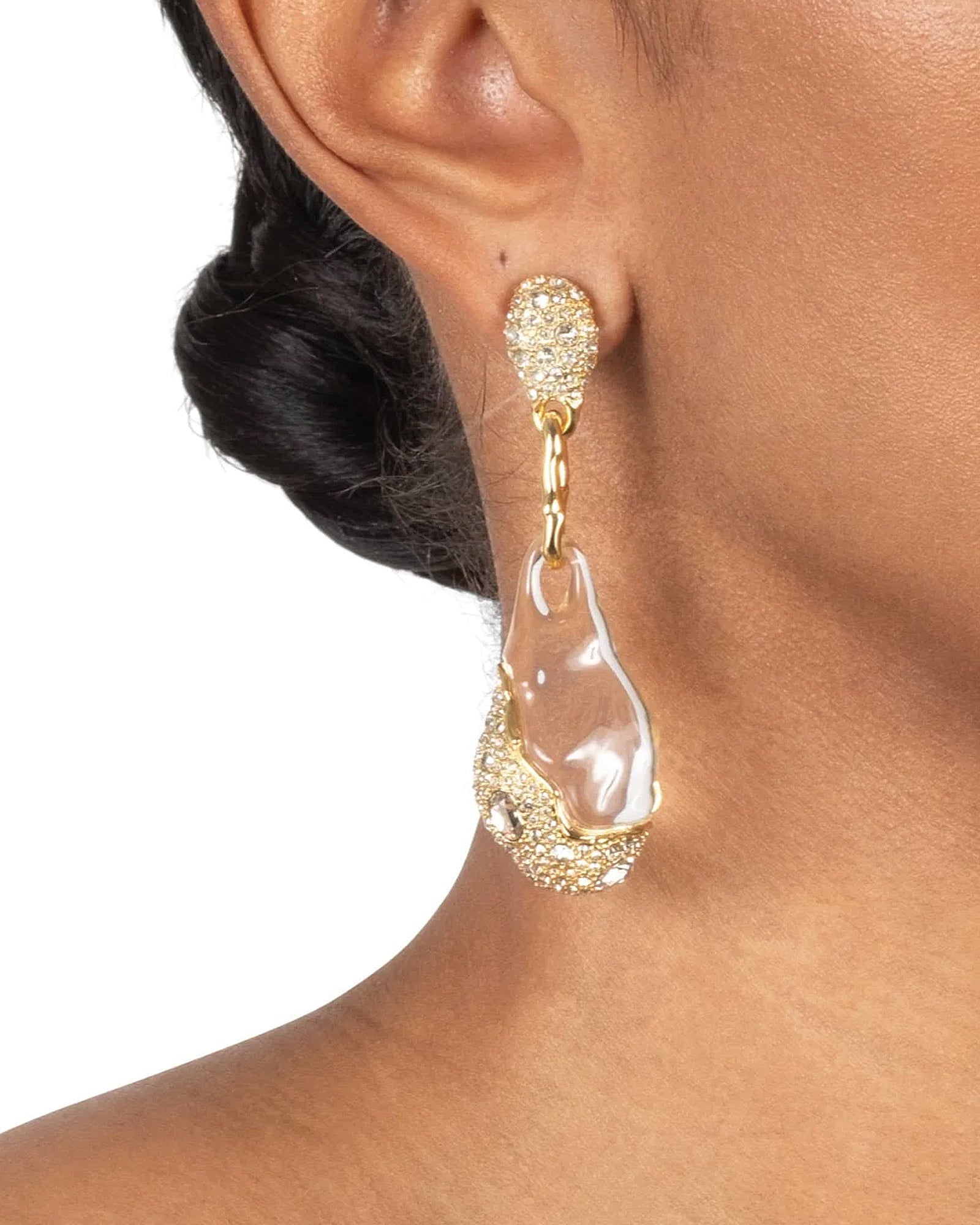 Liquid Lucite Crystal Pavé Pebble Drop Earring 14k Gold Plated, Crystal