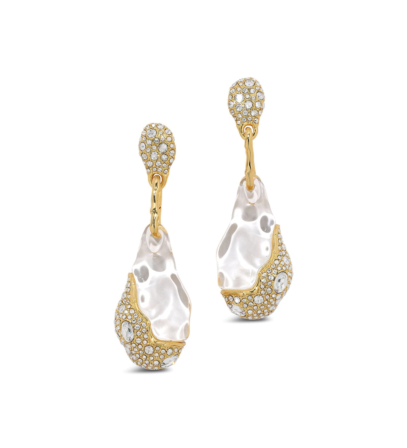 Liquid Lucite Crystal Pavé Pebble Drop Earring 14k Gold Plated, Crystal