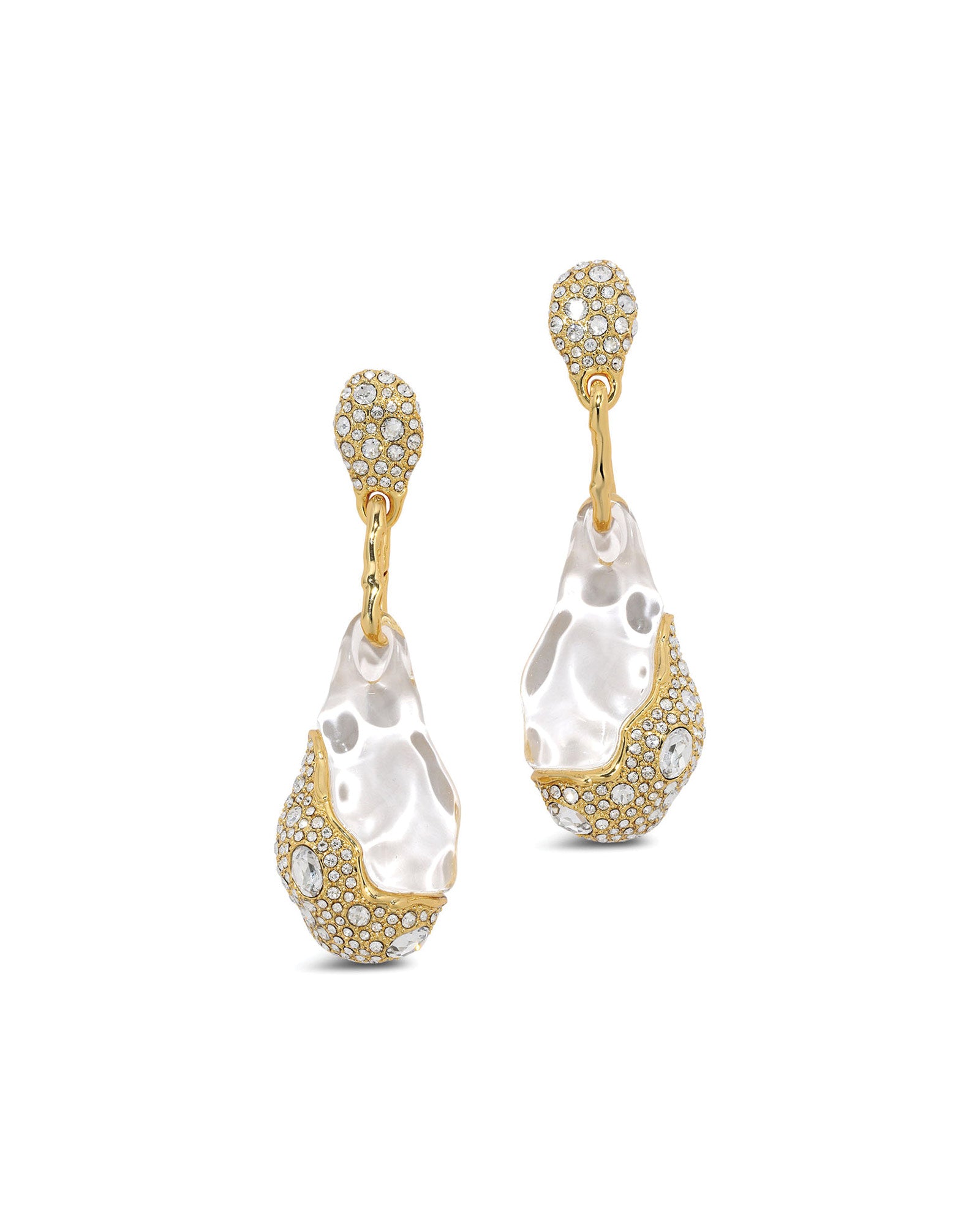 Liquid Lucite Crystal Pavé Pebble Drop Earring 14k Gold Plated, Crystal