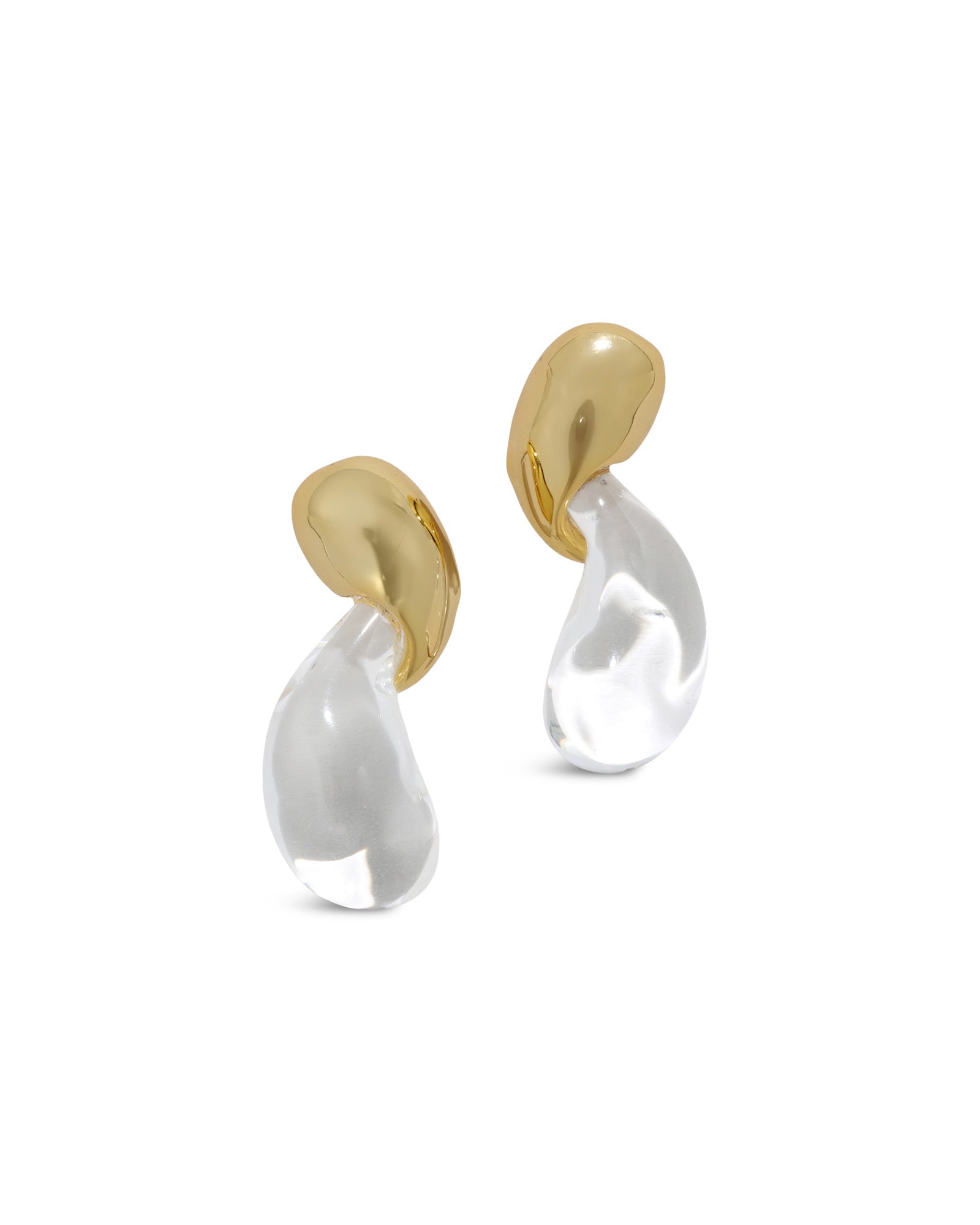 Liquid Lucite Modernist Earrings 14k Gold Plated, Clear Lucite
