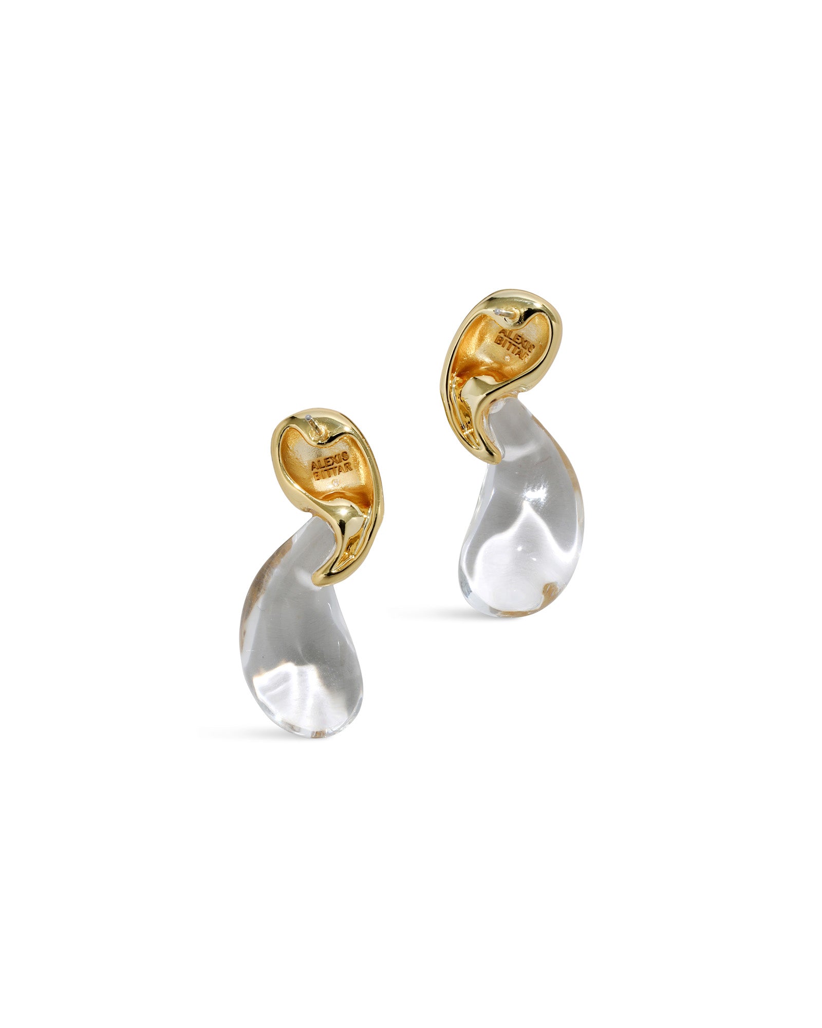 Liquid Lucite Modernist Earrings 14k Gold Plated, Clear Lucite