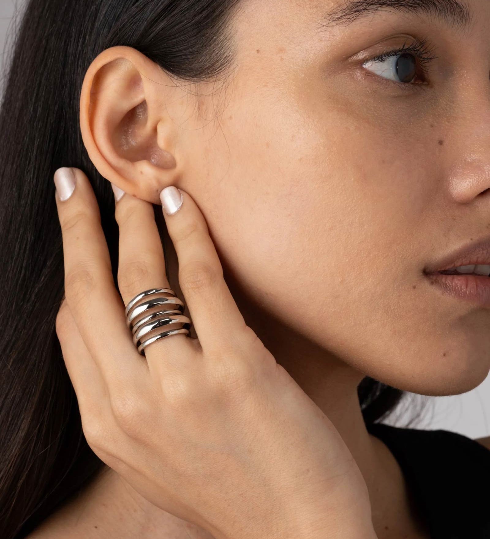 Layered Ring Rhodium Tone Plated Brass, / 7