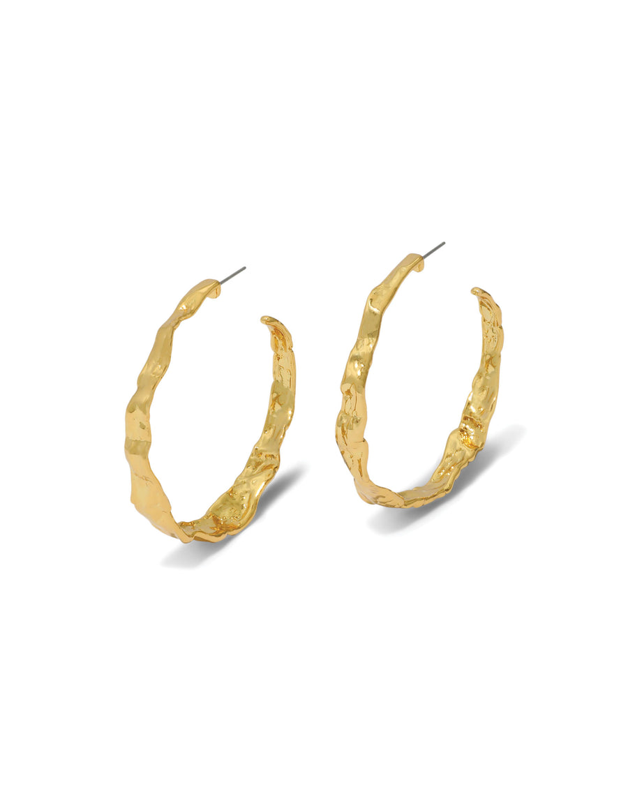 Brut Textured Gold Hoop 
Earrings 14k Gold Plated, White Pearl