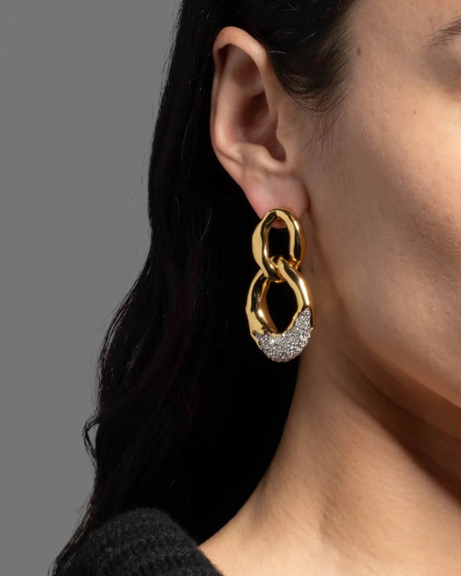 Solanales Crystal Large Link Earrings 14k Gold Plated, Rhodium Tone Plated Brass