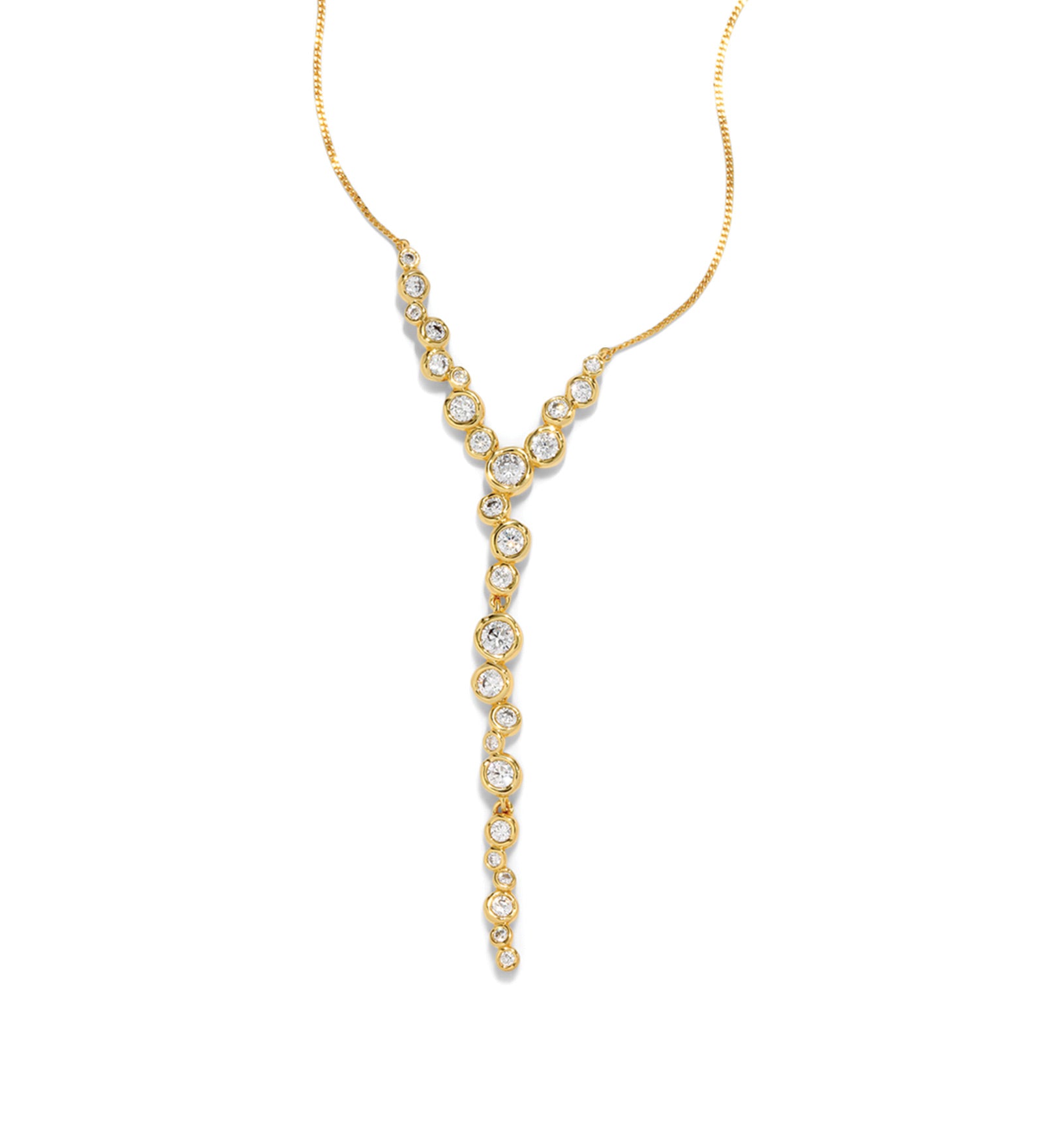 Asterales Gold CZ
Cascading Necklace 14k Gold Plated, Cubic Zirconia
