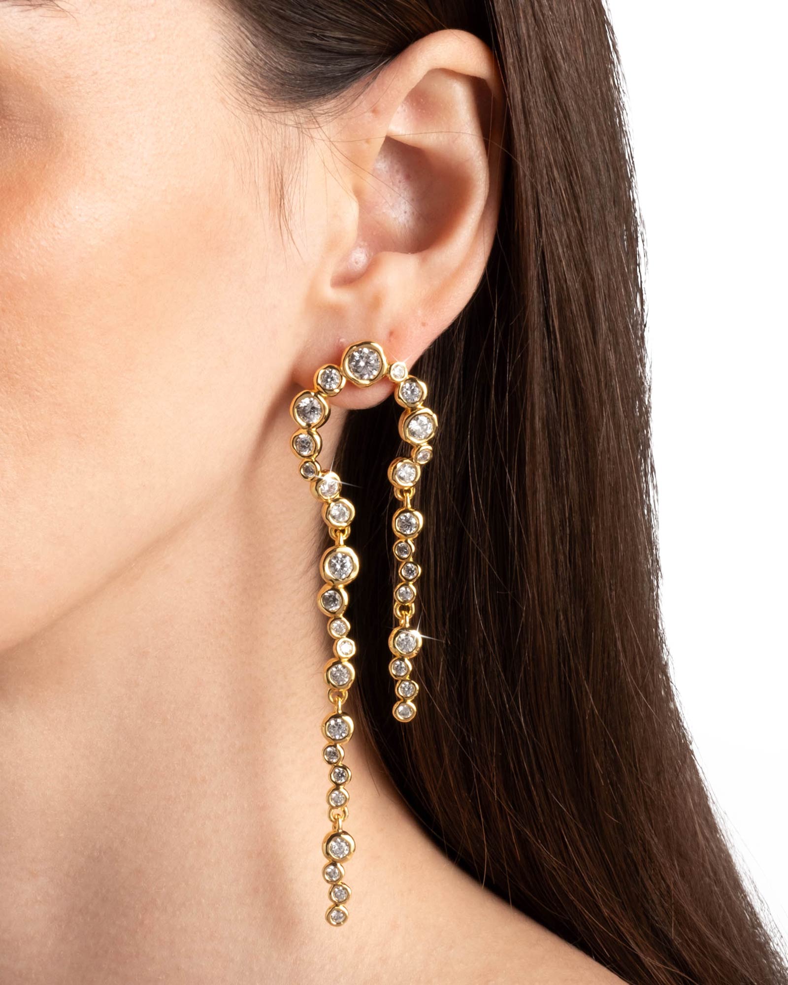 Asterales Gold CZ
Arched Long Earrings 14k Gold Plated, Cubic Zirconia